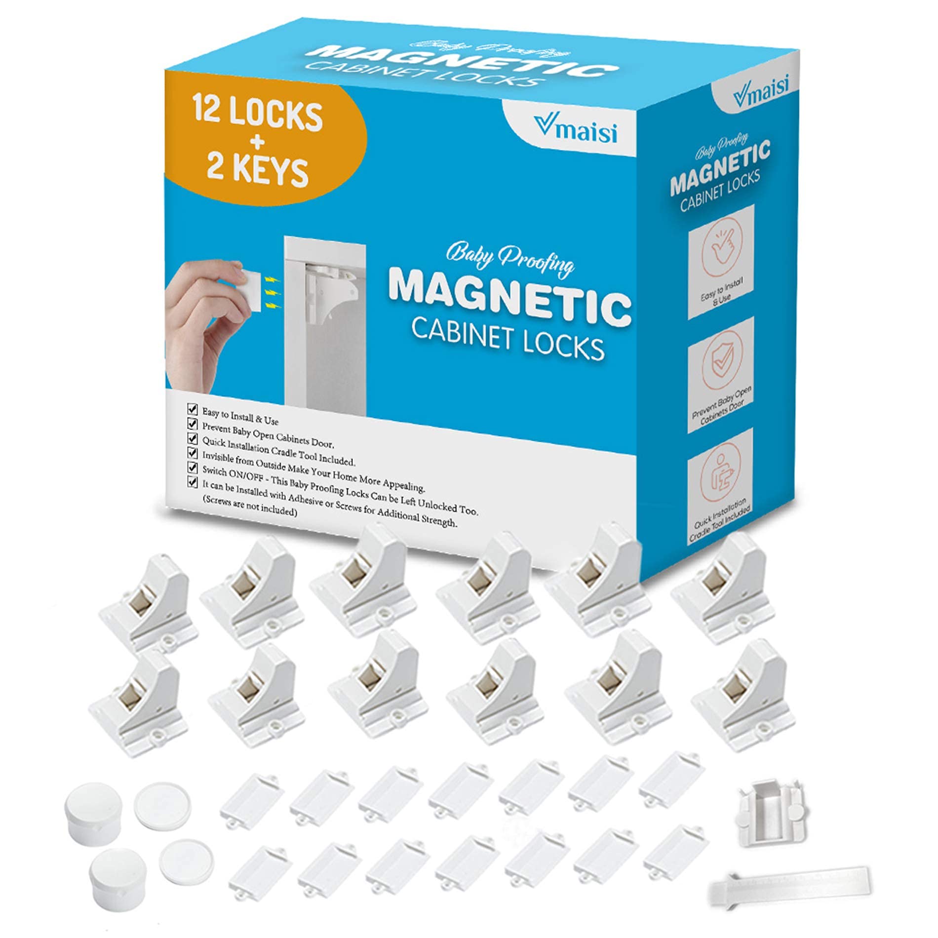 32 Locks Magnetic Cabinet Locks with 4 Magnet Keys - 38 Pack Outlet Covers - 70 Piece Child Safety Kit for Baby Proofing Home, Kitchen & Nursery (Childproofing Essentials for Toddlers & Kids)