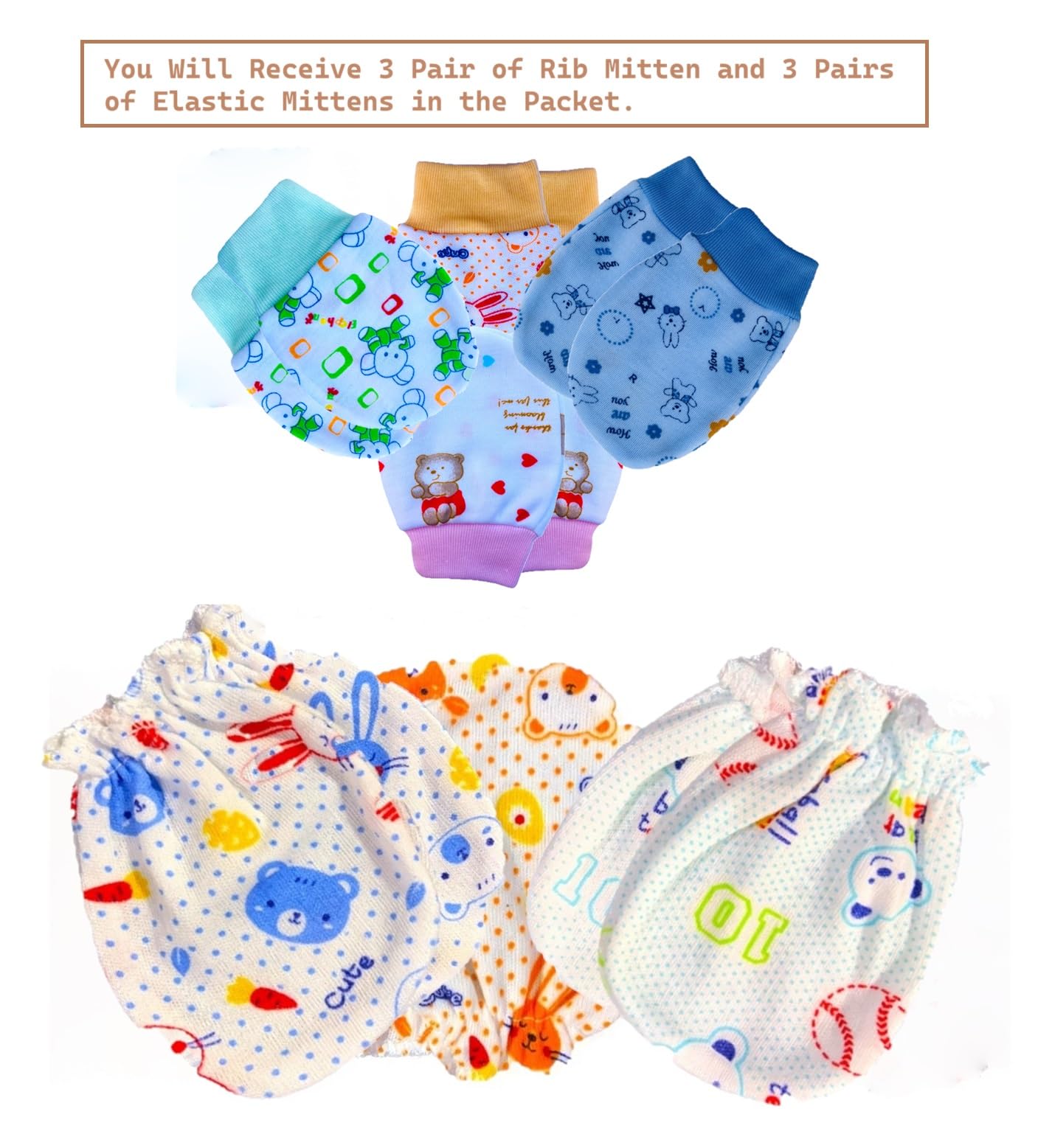Wavva® Newborn Baby Cotton Mittens Set with Rib & Elastic - 6 Pairs, Multicolor (0-3 Months) | Soft & Breathable Hand Gloves for Infant Protection | Perfect for Sleeping, Nursing & Preventing Scratching