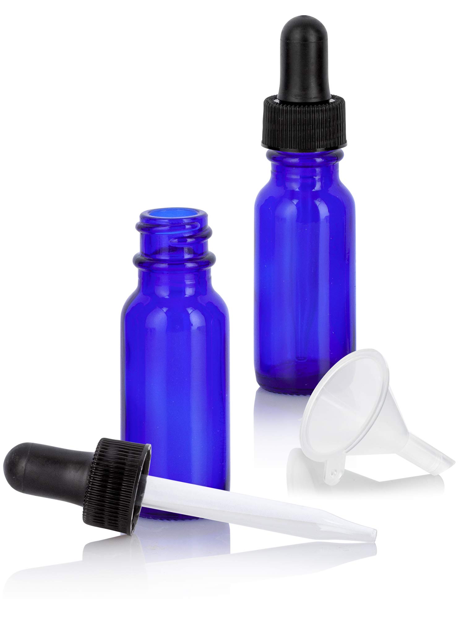 JUVITUS 2 Pack 0.5 oz (15 ml) Cobalt Blue Glass Boston Round Bottles with Black Dropper Caps & Bonus Funnel - Essential Oil, DIY Skincare, and Travel-Sized Liquid Storage Solution