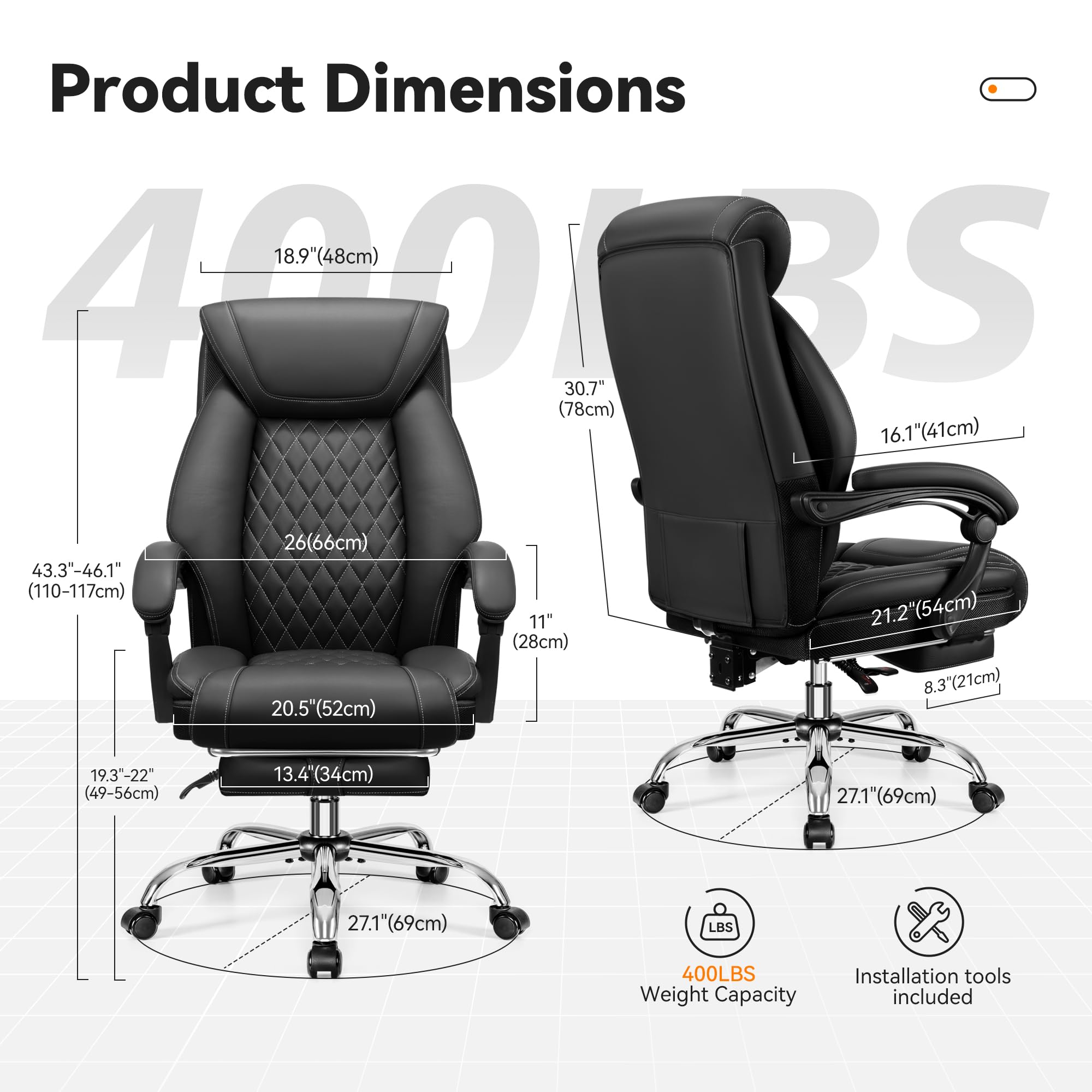 Premium Executive Leather Office Chair - Adjustable High Back Ergonomic Computer Desk Chair with Lumbar Support & Footrest - Big and Tall Comfortable Reclining Chair for Home Office, Conference Room & Gaming Setup