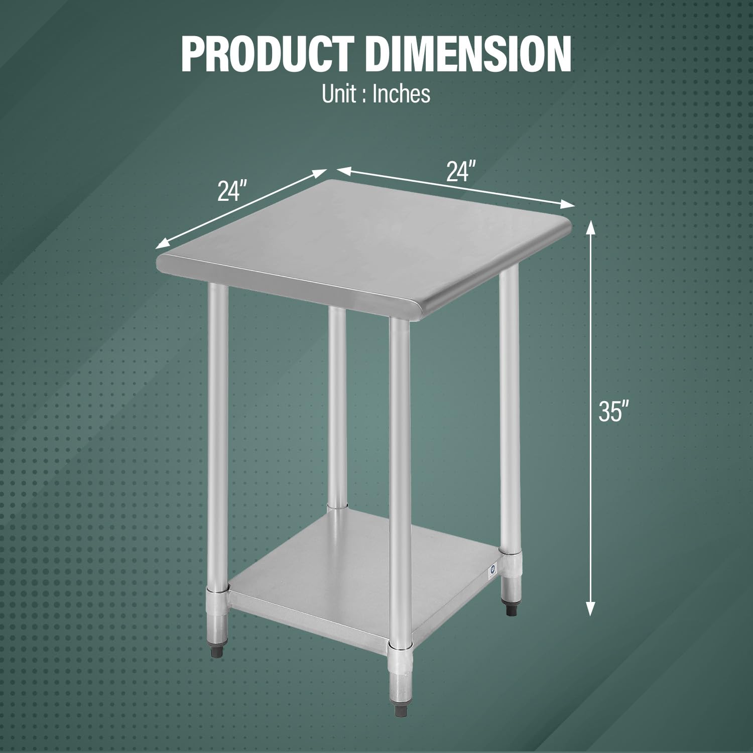 24x24 Inch NSF Certified Stainless Steel Commercial Kitchen Work Table with Undershelf & Adjustable Galvanized Legs - Heavy Duty Food Prep Table for Restaurants, Catering, and Home Kitchens