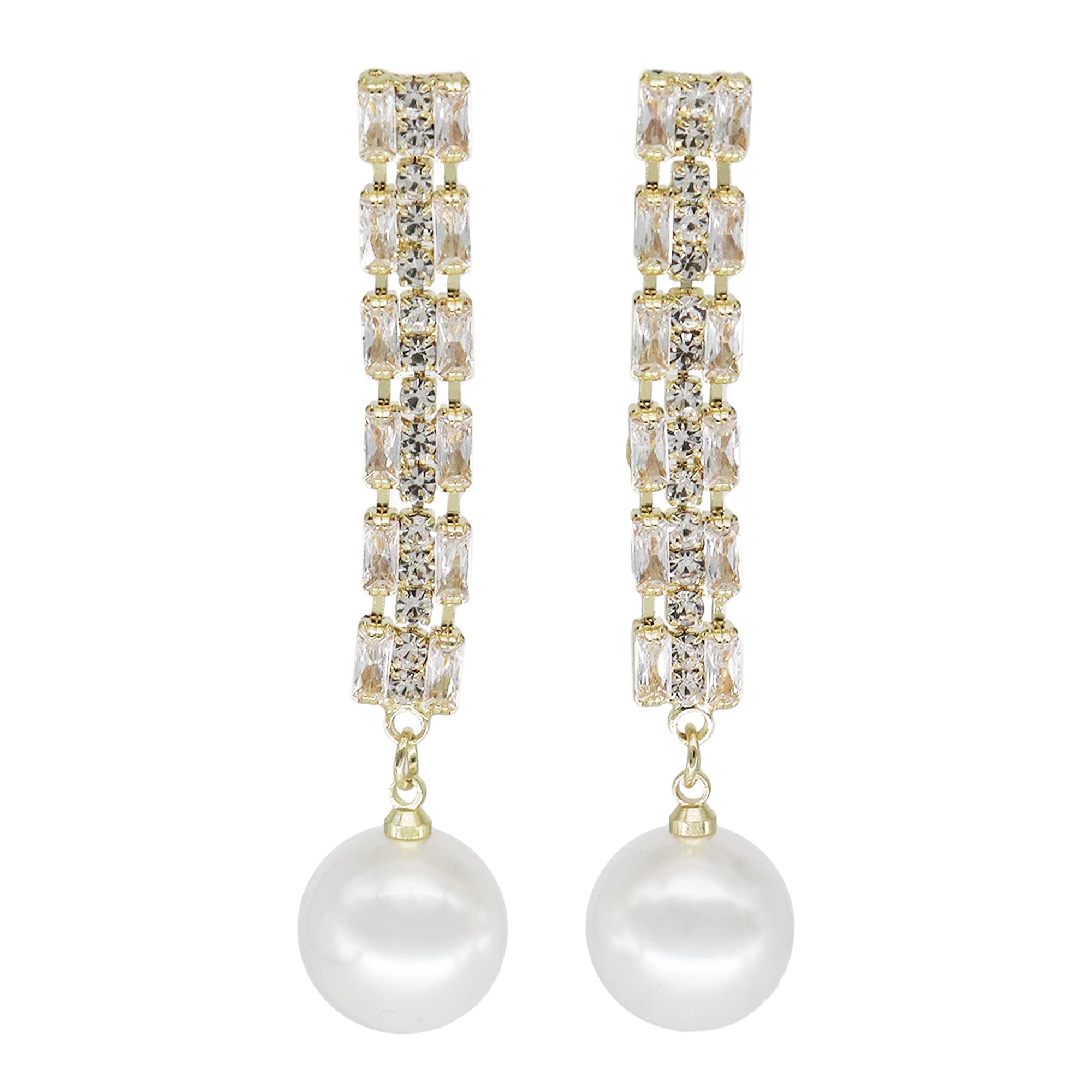 JeanBeau 14K Gold Plated Large Dangle Pearl Earrings with Rhinestone Cubic Zirconia Chain - Synthetic Faux Pearl Long Drop Hoop Earrings for Women & Teens | Perfect for Weddings, Parties & Evening Events