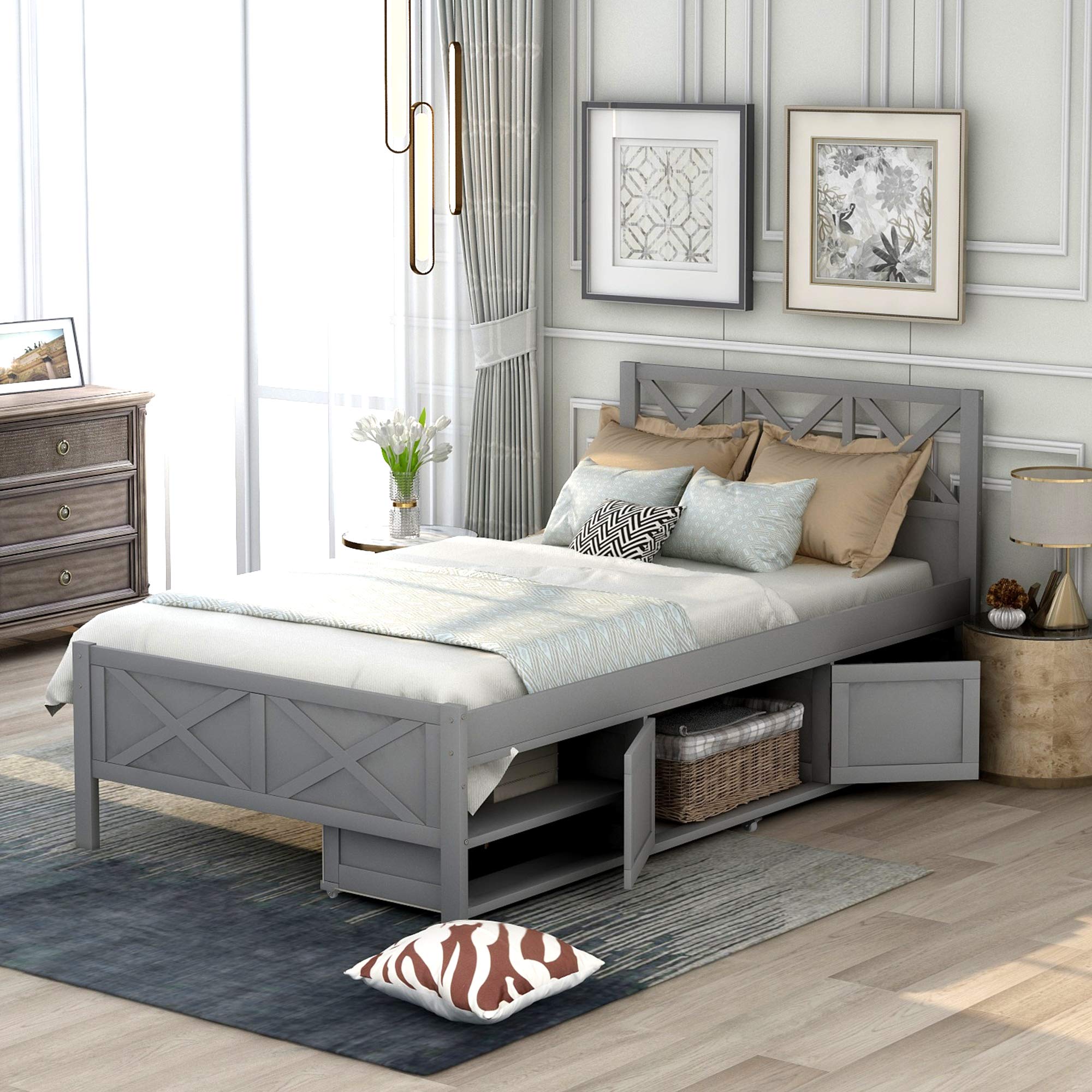 Twin Size Wooden Platform Bed Frame with Storage & Headboard - Sturdy & Space-Saving for Kids, Teens & Adults - Perfect for Small Bedrooms, Dorms & Guest Rooms (Gray)