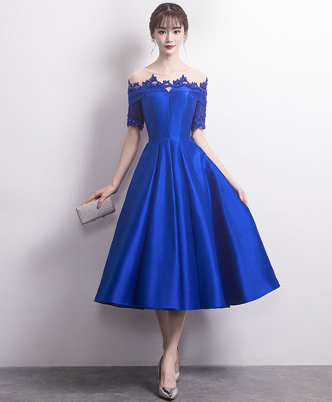 Elegant Blue Satin Lace Round Neck Prom Dress - Formal Evening Gown for Bridesmaids, Homecoming, and Special Occasions