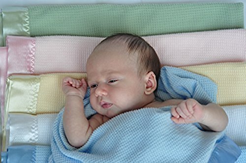 Premium Thermal Waffle Weave Baby Blanket with Soft Satin Nylon Trim - Ultra Cozy & Breathable for Newborns & Toddlers (Blue) | Perfect for Nursery, Stroller, Car Seat & Swaddling