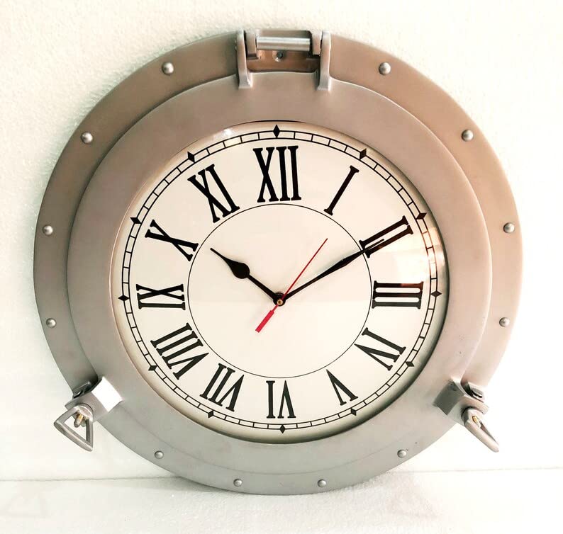 Vintage Nautical Ship Porthole Wall Clock - 17 Inch Silver Marine Navigation Decorative Clock for Living Room, Bedroom, Office & Boat Cabin Decor