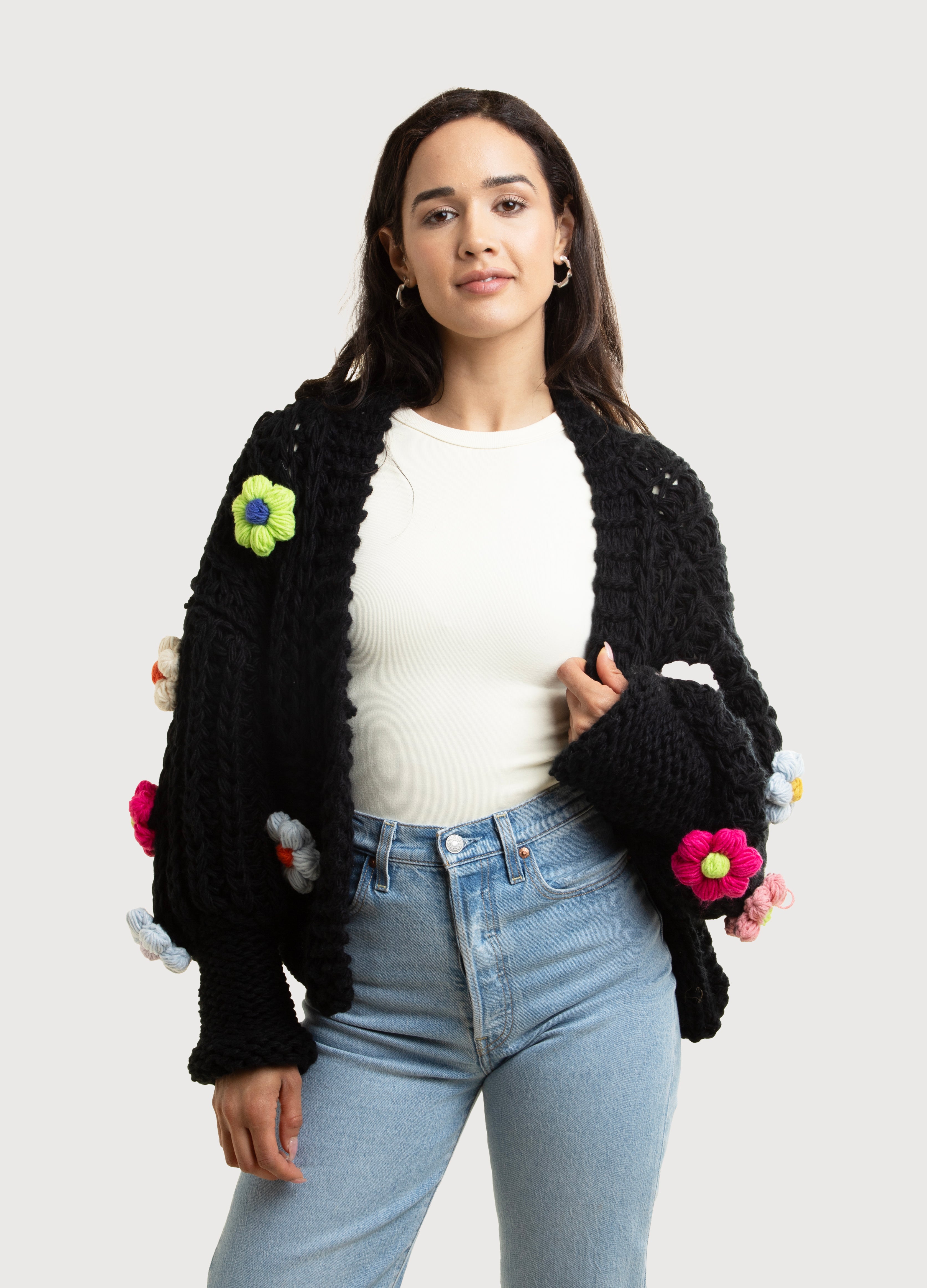 Floral Appliqué Knit Cardigan with Buttons - Elegant Lace-Up Sweater for Women - Perfect for Spring Outfits, Office Wear & Casual Dates