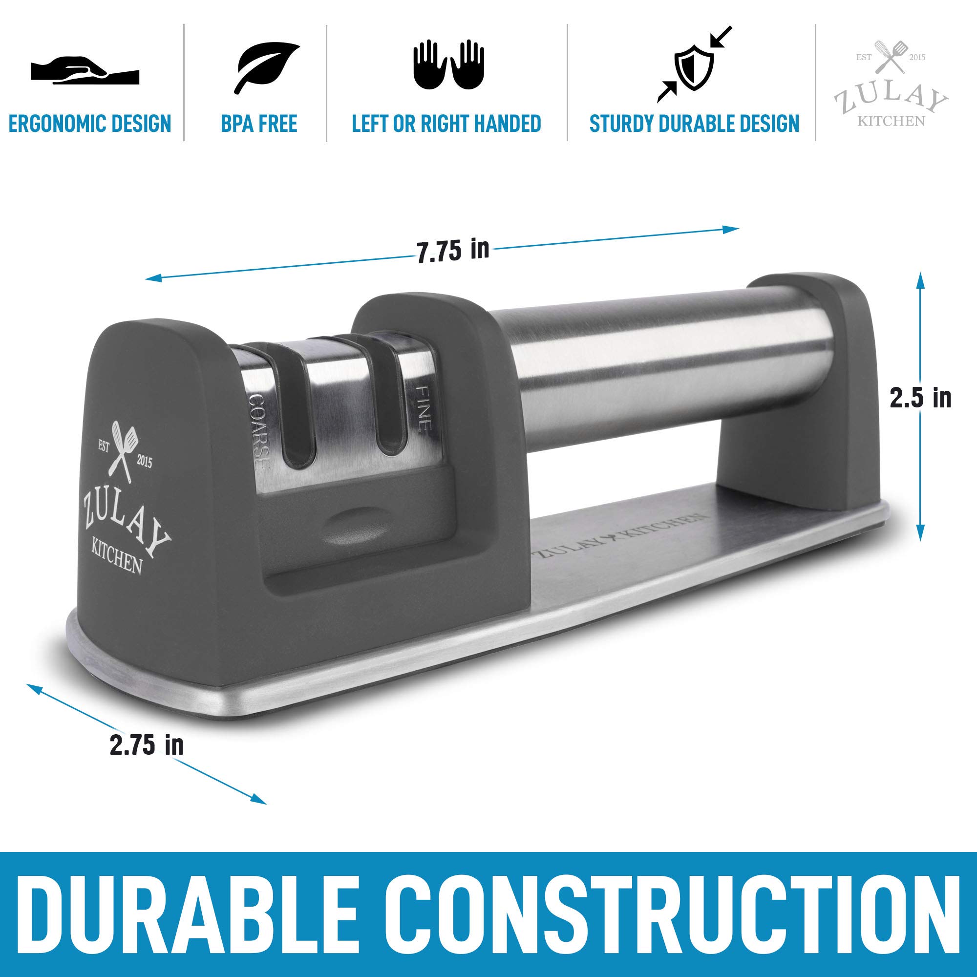 Premium Knife Sharpener for Straight & Serrated Knives - Stainless Steel, Ceramic & Tungsten Manual Sharpener - Ideal for Chef, Paring & Pocket Knives - Perfect for Kitchen, Camping & Outdoor Use - Gray