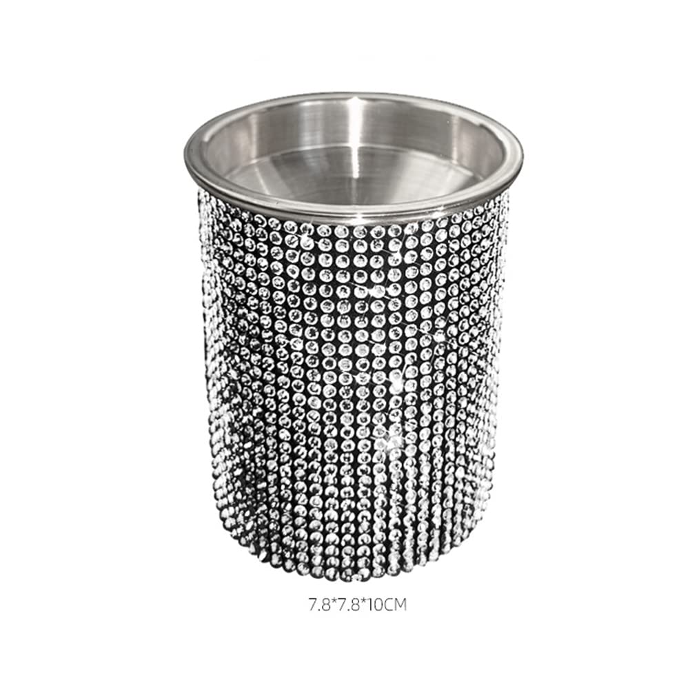 Bling Diamond Car Ashtray with Lid - Portable Mini Cup Holder Trash Can, Detachable Stainless Steel Smokeless Ash Tray with Shiny Crystal Rhinestones, Stylish Car Accessories for Women, Perfect for Road Trips and Daily Commutes