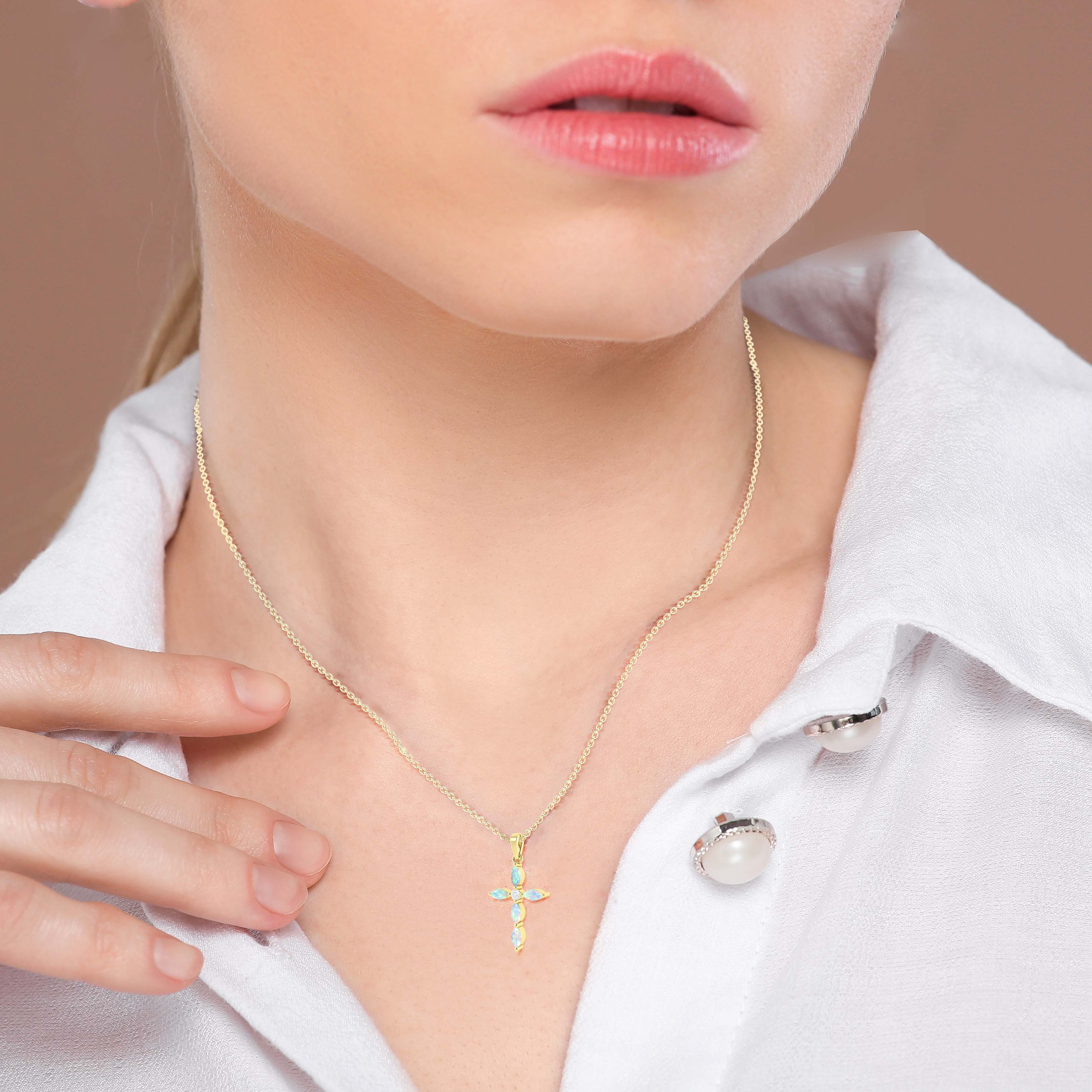 Natural White Opal Cross Charm Pendant Necklace for Women - Elegant Sterling Silver Jewelry Gift for Christmas, Baptism & Everyday Wear