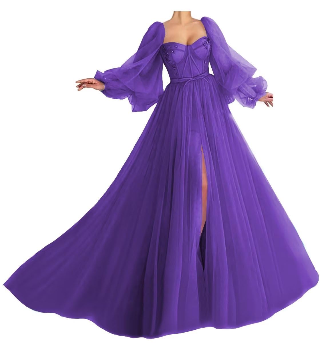Elegant Puffy Sleeve Sweetheart Neckline Tulle Ball Gown Prom Dress with Slit - Formal Evening Gown for Wedding, Homecoming, Quinceanera & Special Occasions