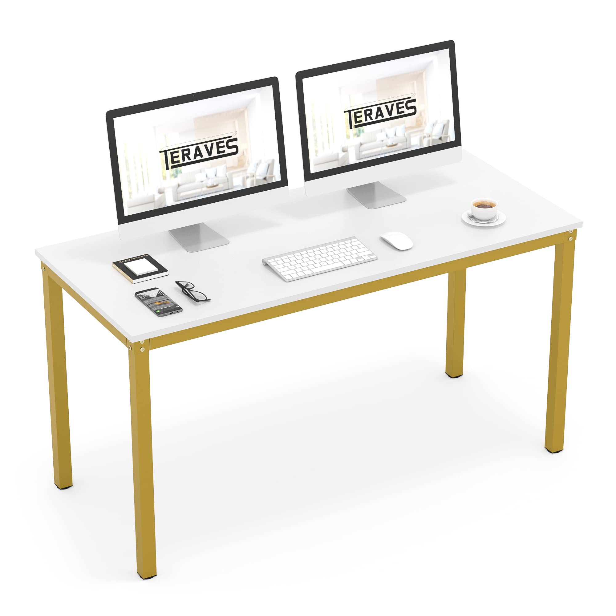 Teraves 55.11 Inch White & Gold Computer Desk - Sturdy Home Office Desk, Dining Table & Writing Workstation for Small Spaces | Perfect for Remote Work, Online Classes & Gaming Setup