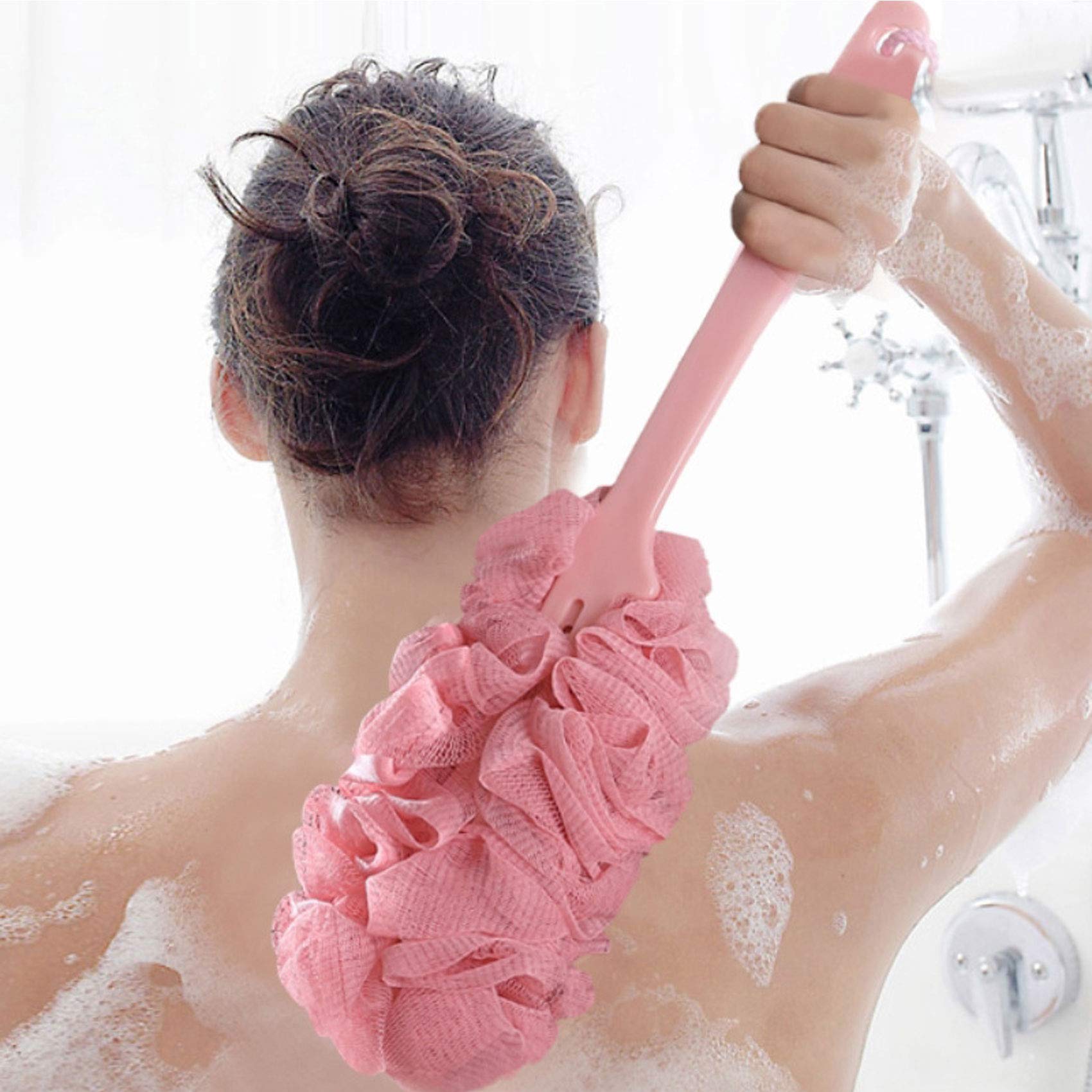 4 Pack Long Handle Shower Brushes - Soft Nylon Mesh Back Scrubber & Exfoliating Loofah Sponge for Men & Women - Perfect for Wet Bath, Body Cleansing & Skin Exfoliation (Green) - Ideal for Shower, Bathroom & Spa Use