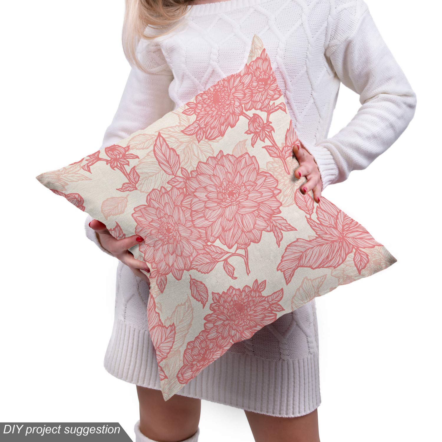 Ambesonne Floral Fabric by The Yard - Gardening Plants Theme Dahlias Flowers & Leaves Print, Pink Decorative Upholstery Fabric (3 Yards) for Sofa, Curtains, Pillows & Home Decor | Romantic Design for Living Room, Bedroom & DIY Crafts