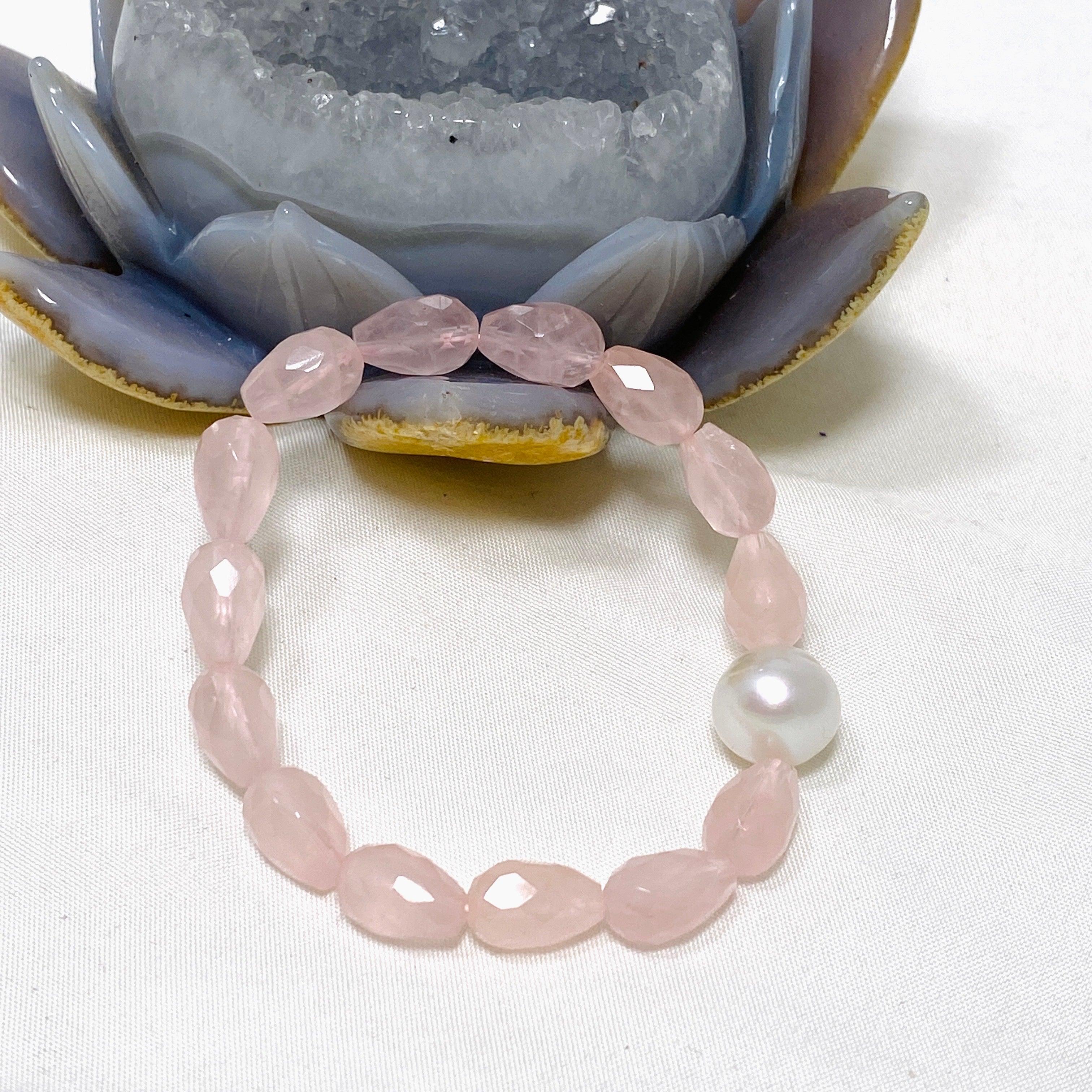 Rose Quartz Faceted Bead & Pearl Gemstone Bracelet - Healing Crystal Jewelry for Women - Perfect for Meditation, Yoga & Spiritual Gifts