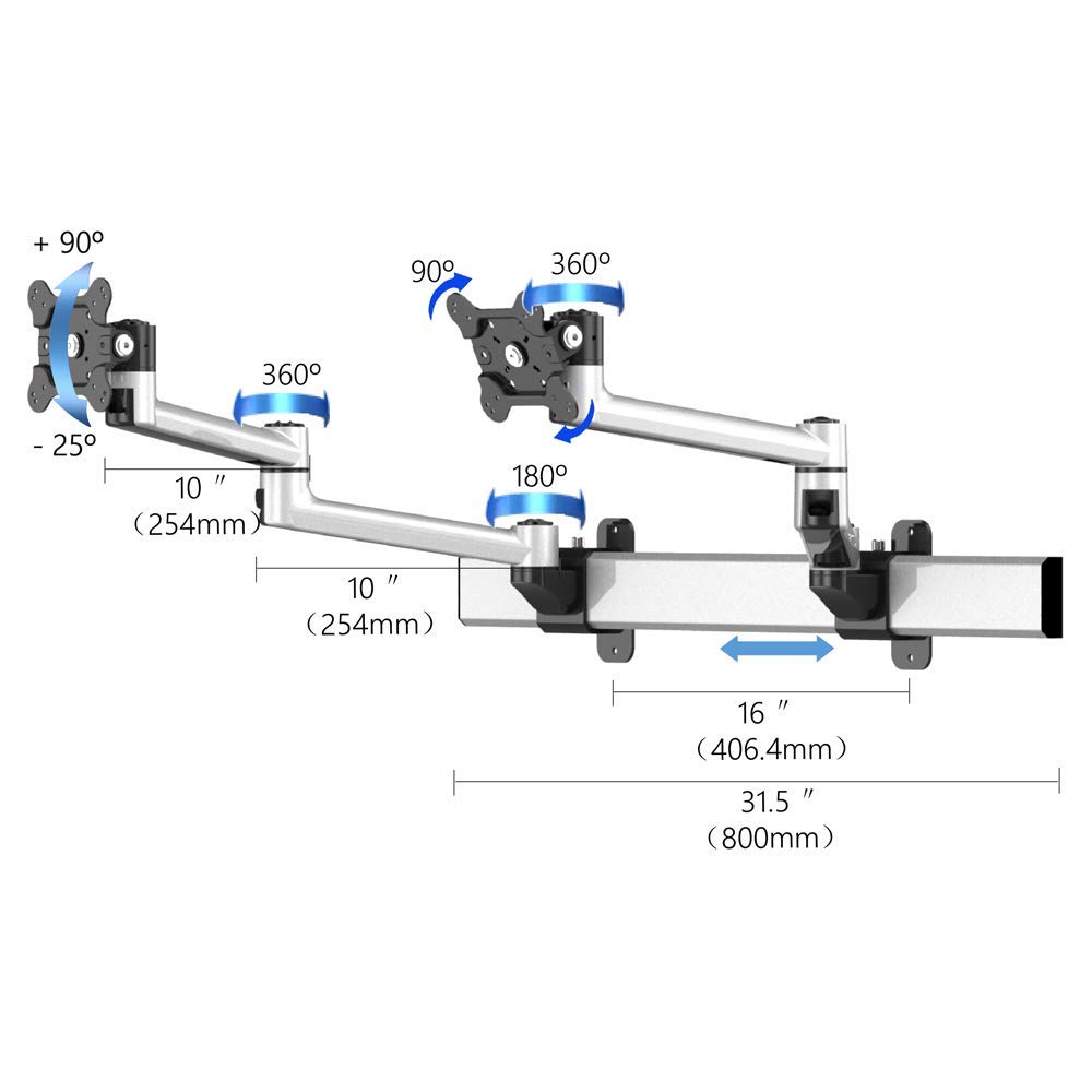Dual Monitor Wall Mount with Adjustable Slide & Swivel Arms - Perfect for Home Office, Gaming Setup & Workspace Ergonomics