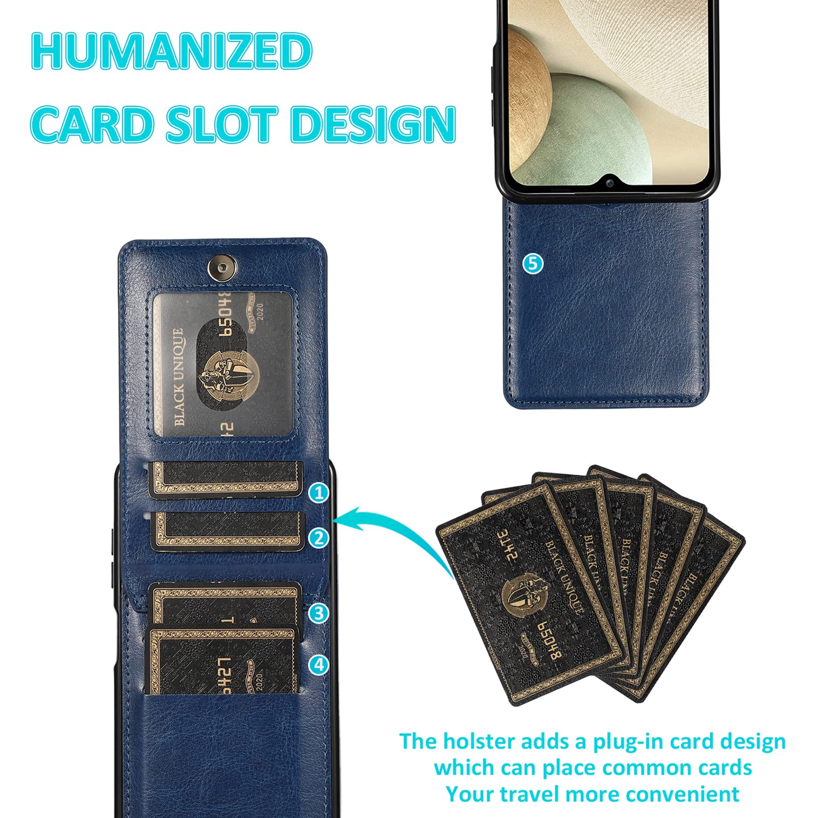 Samsung Galaxy A42 5G Phone Case with Tempered Glass Screen Protector, Credit Card Holder & Stand - Premium Leather Wallet Cover for Men & Women (Blue) - Perfect for Daily Use, Travel, and Hands-Free Viewing