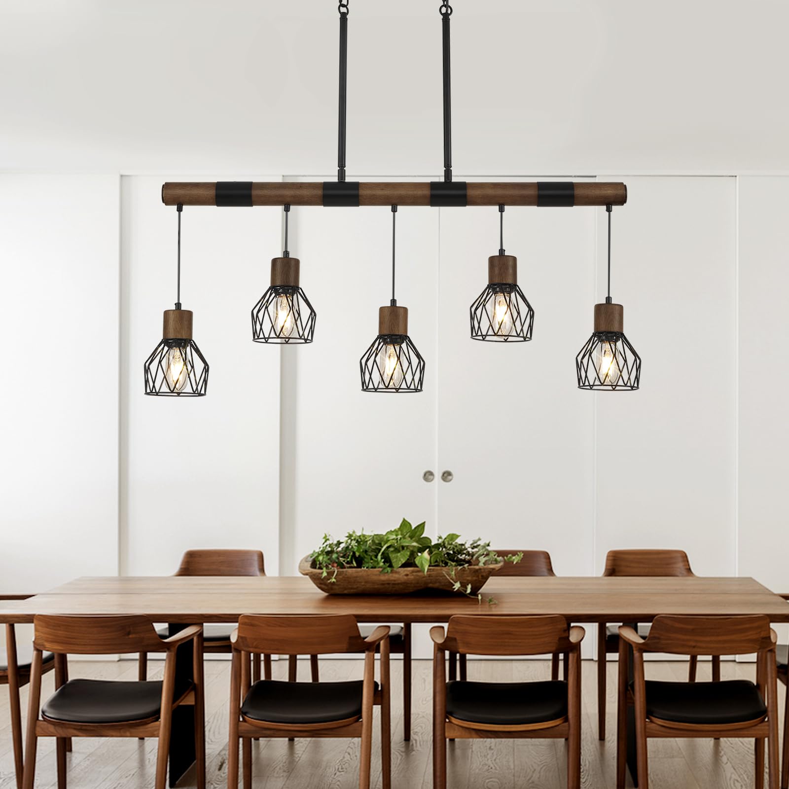 5-Light Kitchen Island Lighting Fixture - Farmhouse Linear Chandelier for Dining Room - Matte Black Rustic Wood Ceiling Pendant with Metal Lampshade - Perfect for Kitchen Islands, Dining Tables, and Farmhouse-Style Decor