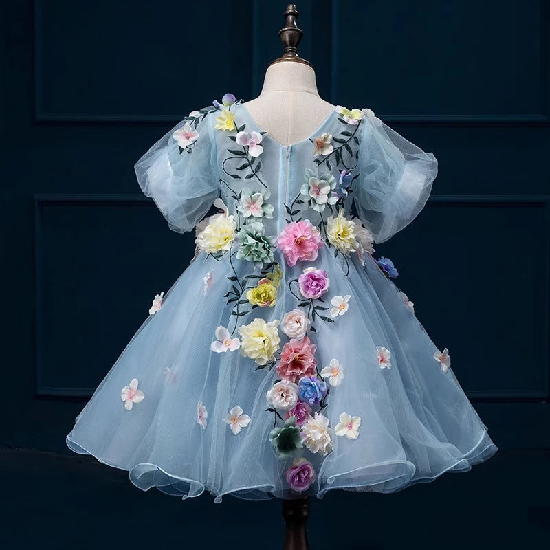 Blue Princess V-Neck Tea-Length Tulle Flower Girl Dress for Weddings, Parties & Special Occasions