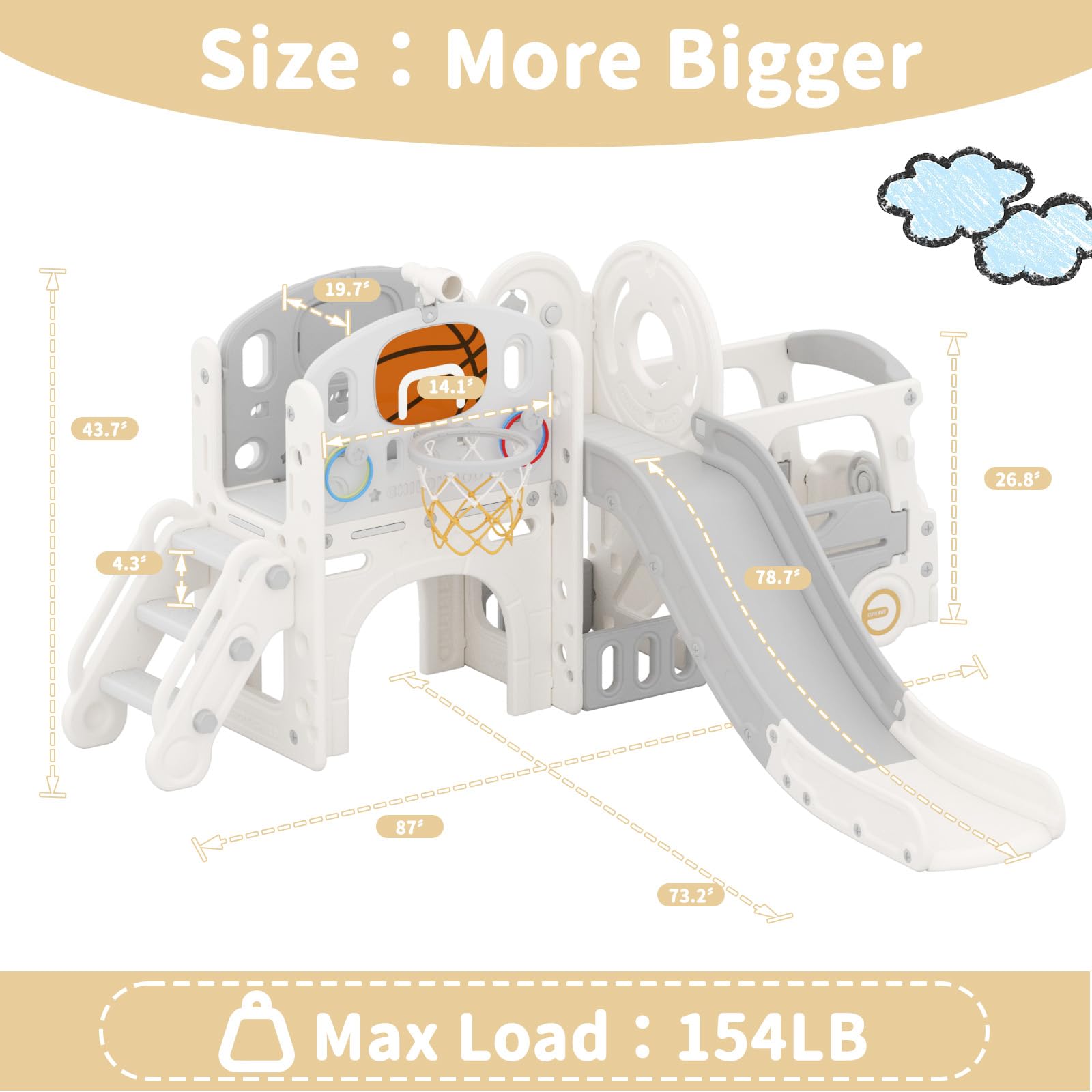 10-in-1 Toddler Slide Outdoor Playset with Bus Playhouse, Telescope & Basketball Hoop - Freestanding Kids Slide for Indoor/Outdoor Play - Perfect for Ages 1-3 Years (Grey) - Great for Backyards, Daycares & Preschool Play Areas