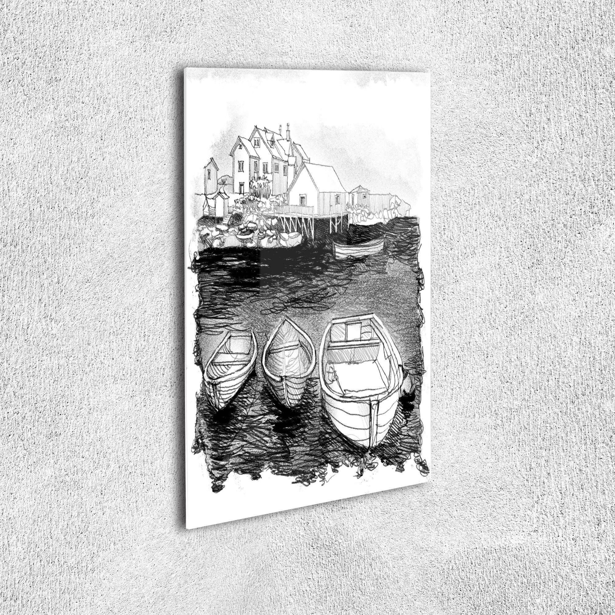 Ambesonne Black and White Acrylic Glass Wall Art - Sketch Drawing of Wooden Boats & Cliff Village - Modern Home Decor for Living Room, Bedroom, Dorm - 19