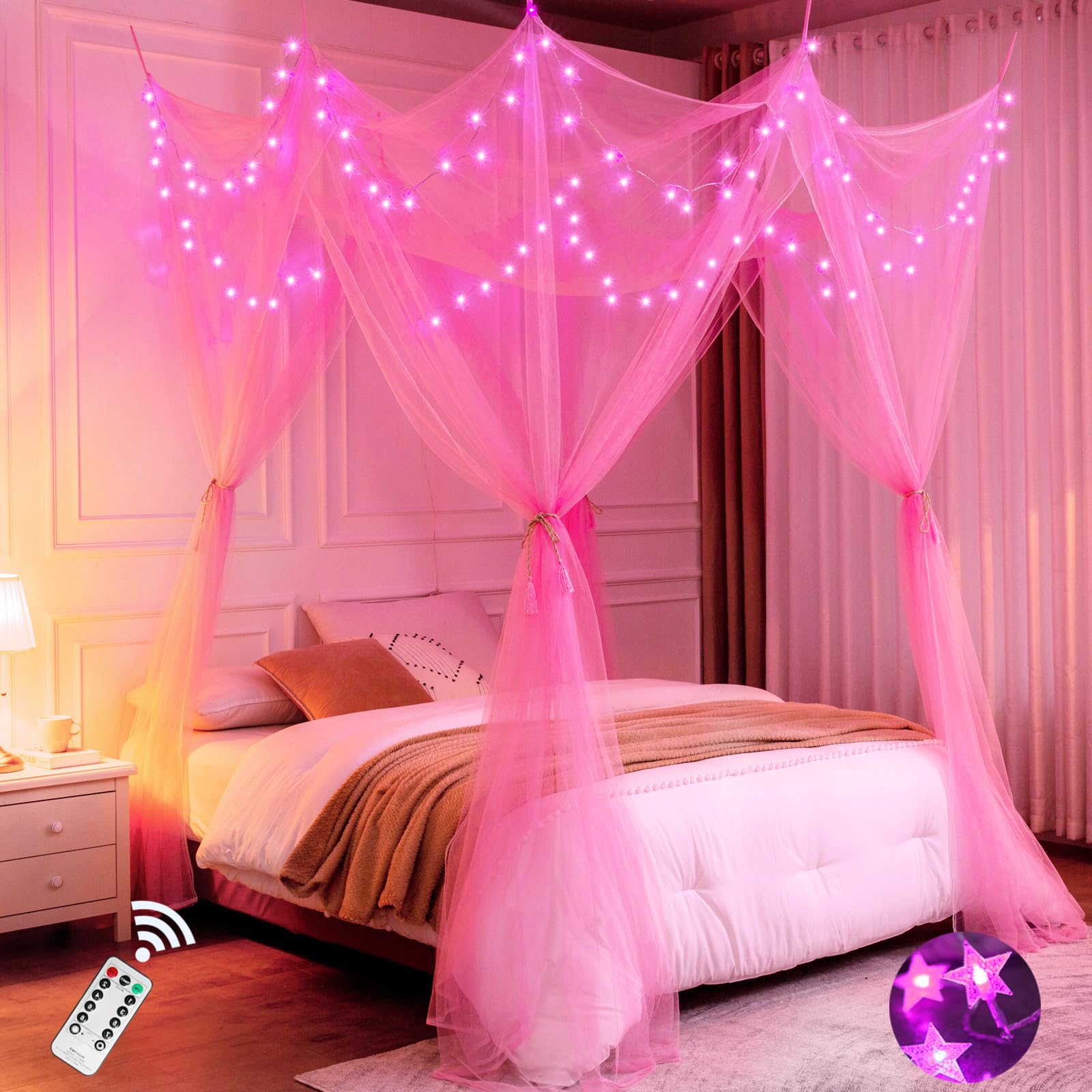Pink Princess Bed Canopy with LED Star Lights & Remote Control - 8 Corner Hanging Bed Curtain for Girls Room, Twin/Full/Queen/King Size - Perfect for Kids Bedroom Decor & Fairy Tale Dream Nights