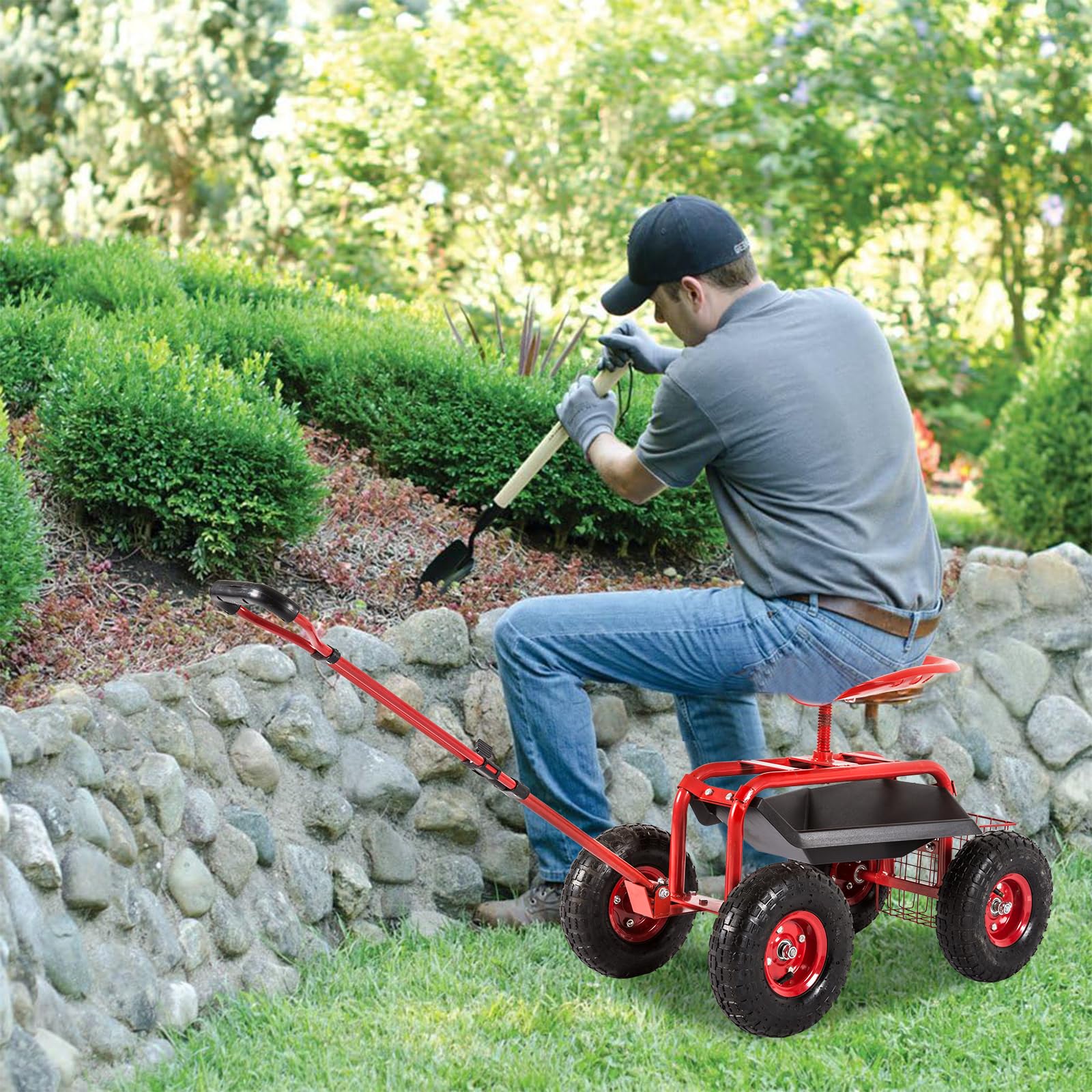 Heavy Duty Garden Cart with Tool Tray & Storage Basket - Rolling Work Seat Scooter with Wheels & Handle for Outdoor Gardening, Landscaping, and Yard Work