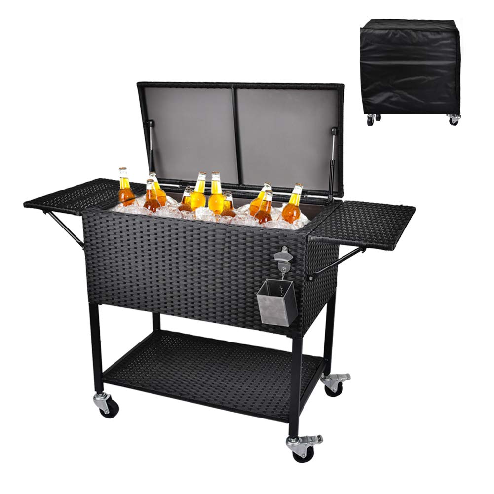 Top Union 80 Quart Black Rattan Rolling Cooler Cart - Portable Wicker Ice Chest Trolley with Wheels for Backyard Parties, Beach Outings, and Outdoor Beverage Bar
