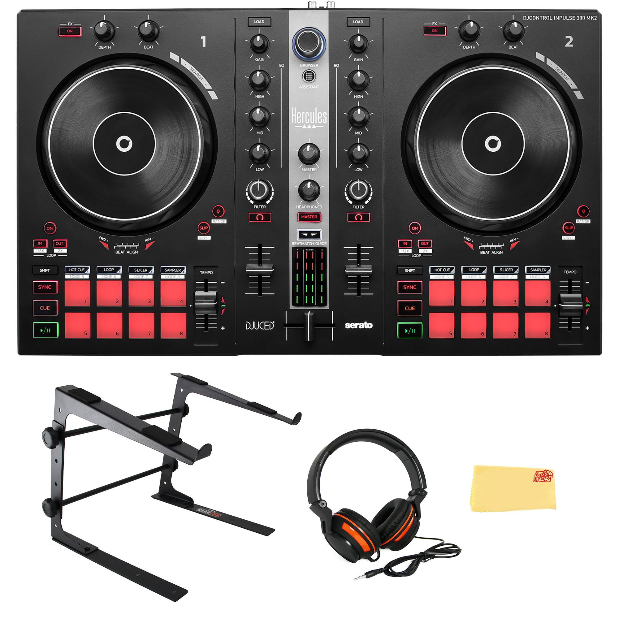 Hercules DJ Control Inpulse 300 MK2 DJ Controller Bundle with Adjustable Laptop Stand, Professional Headphones & Cleaning Cloth - Perfect for Home DJing, Parties & Music Production
