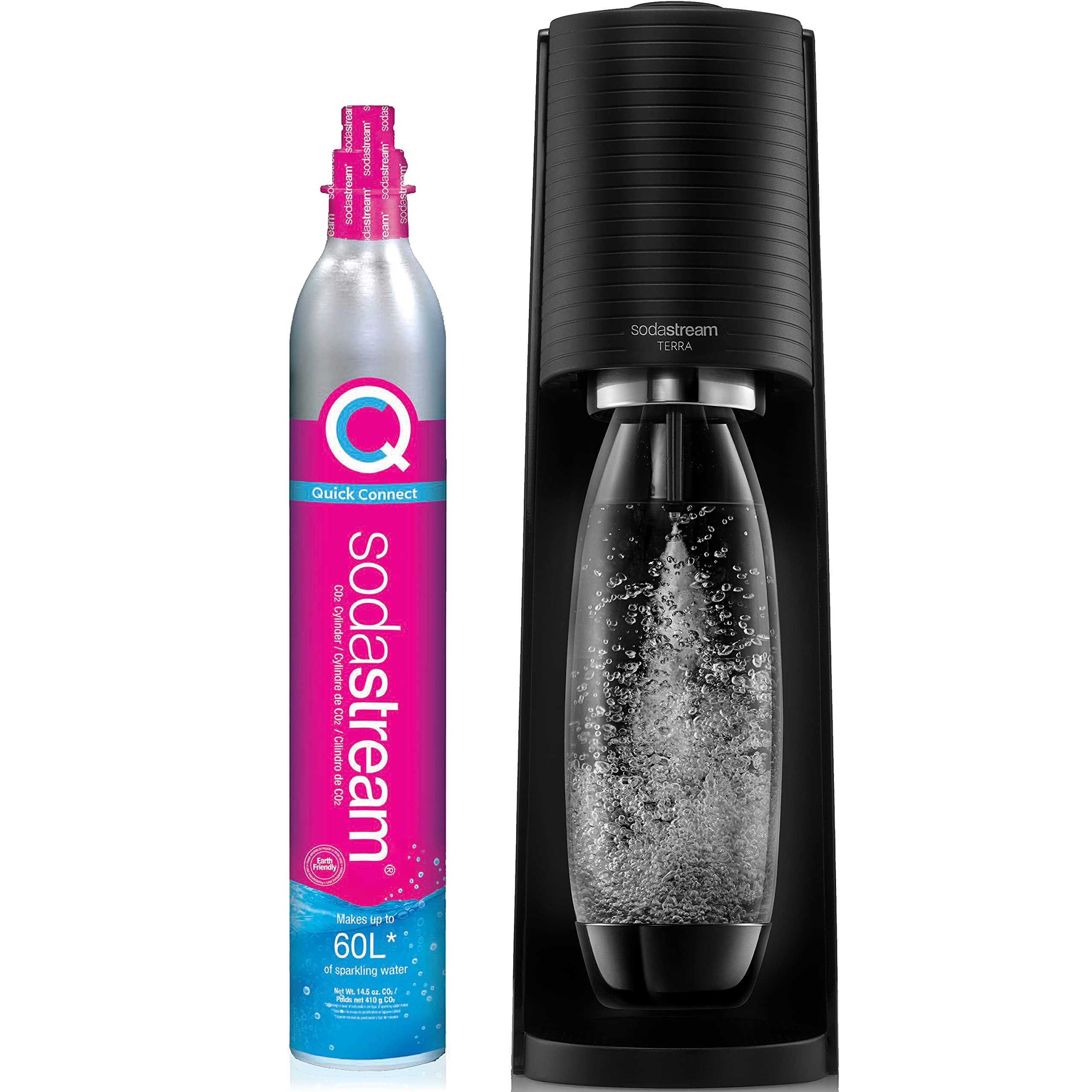SodaStream Terra Sparkling Water Maker Kit - Black | Includes CO2 Cylinder, 2 DWS Bottles & Bubly Flavor Drops | Make Carbonated Drinks at Home for Parties, Office or Healthy Hydration
