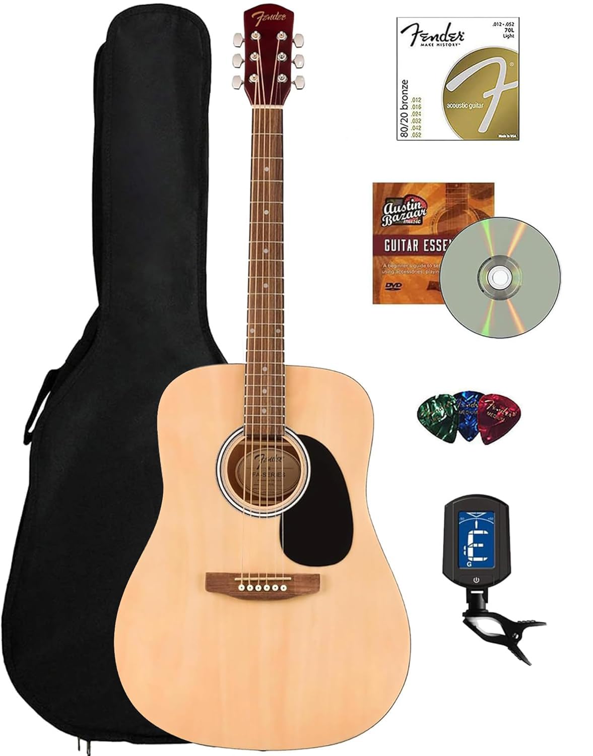 Fender Dreadnought Acoustic Guitar Natural - Full Starter Bundle with Gig Bag, Tuner, Strings, Picks & Online Lessons | Perfect for Beginners, Campfire Singalongs & Home Recording Studios