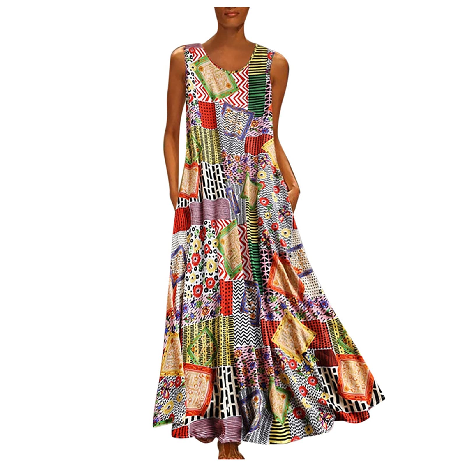 RIJJTRP Women's Wedding Guest Dress - Elegant Sleeveless O-Neck Loose Maxi Dress for Special Occasions | Flattering Plus Size Design That Conceals Belly | Perfect for Weddings, Parties & Formal Events