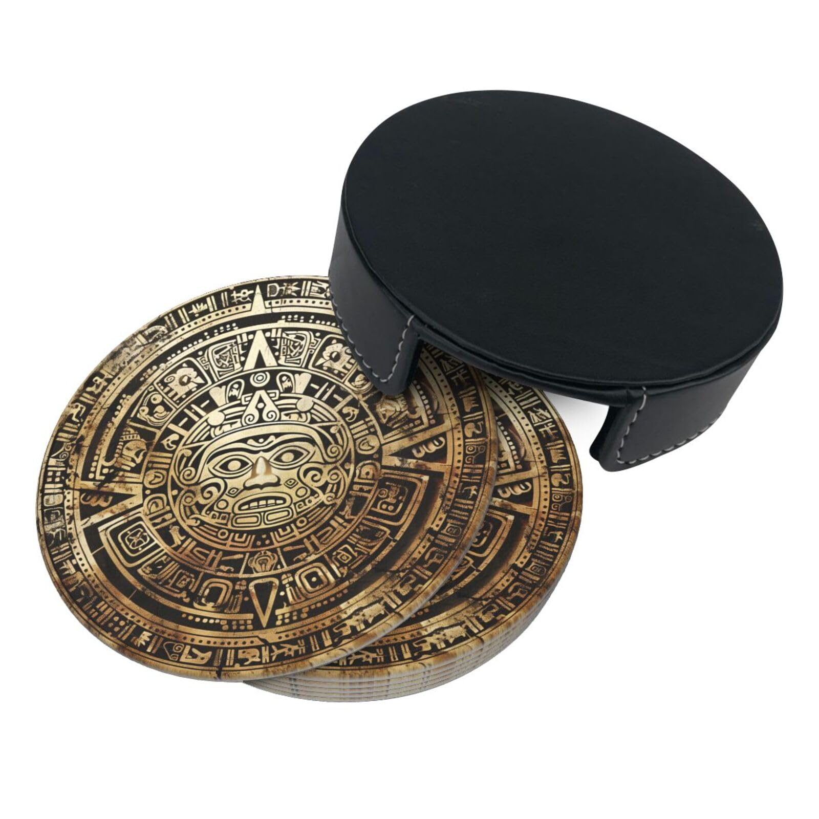 Aztec Calendar Mayan Coasters Set of 6 with Holder - Leather Drink Coasters for Cups & Mugs - Round Table Mat Pads for Home, Kitchen & Office Decor
