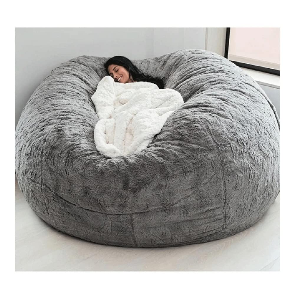 7ft Giant Bean Bag Cover - Suede & Fluffy Fur Sofa Chair Cover for Adults, Extra Large Portable Lazy Sofa Bed Replacement (Light Grey) - Perfect for Living Room, Bedroom, Game Room & Dorm Relaxation