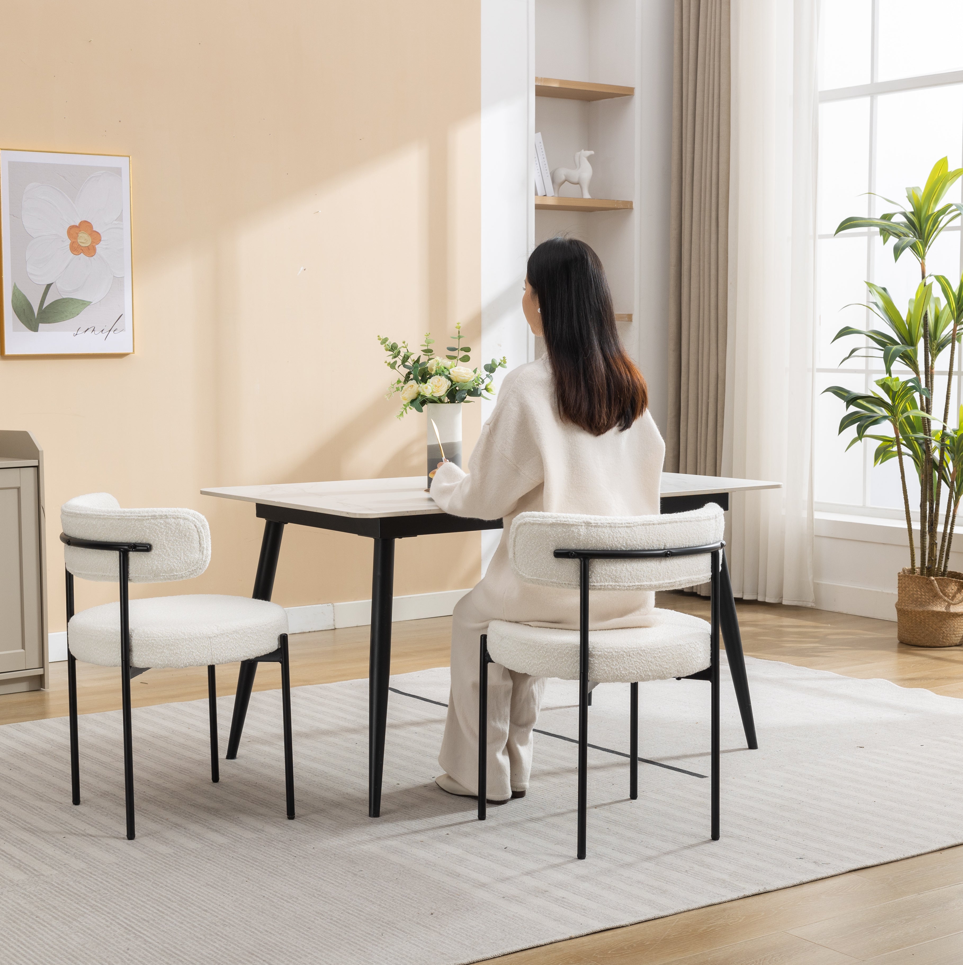 Roundhill Furniture Burbank Modern Round Boucle Dining Chairs, Set of 2 - Mid Century Style Upholstered Seating for Kitchen, Dining Room & Breakfast Nook - Comfortable & Stylish Home Decor