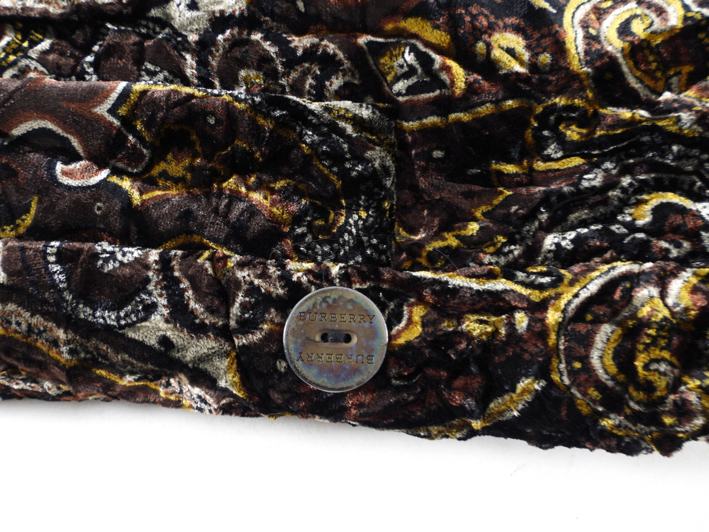 Burberry Brown Gold Crushed Velvet Paisley Coat Women's Size UK10 / US6 - Elegant Winter Outerwear for Parties & Formal Events