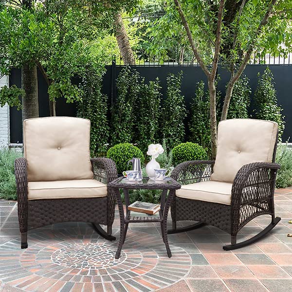 3-Piece Rattan Rocking Chair Set with Khaki Cushions & Coffee Table - All-Weather Resin Wicker Patio Furniture for Backyard, Garden & Living Room | Perfect for Outdoor Relaxation, Porch Sitting & Home Decor