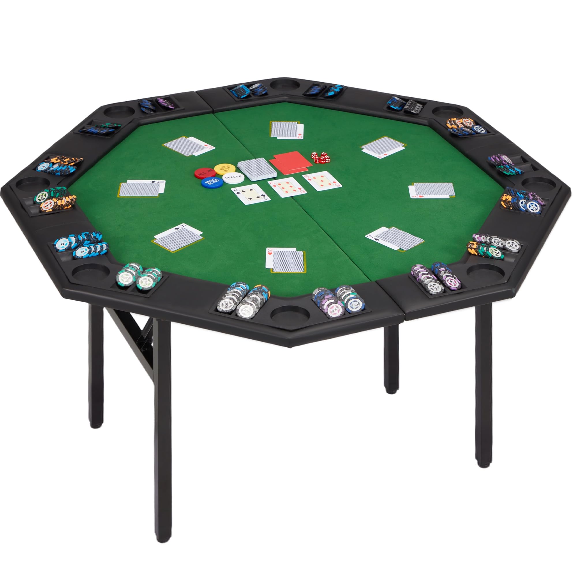 ECOTOUGE Foldable Poker Table - 8 Player Octagon Texas Holdem Poker Table with Chip Trays & Collapsible Legs | Portable Casino Game Table for Blackjack, Poker Nights & Home Entertainment | Easy Assembly, Green