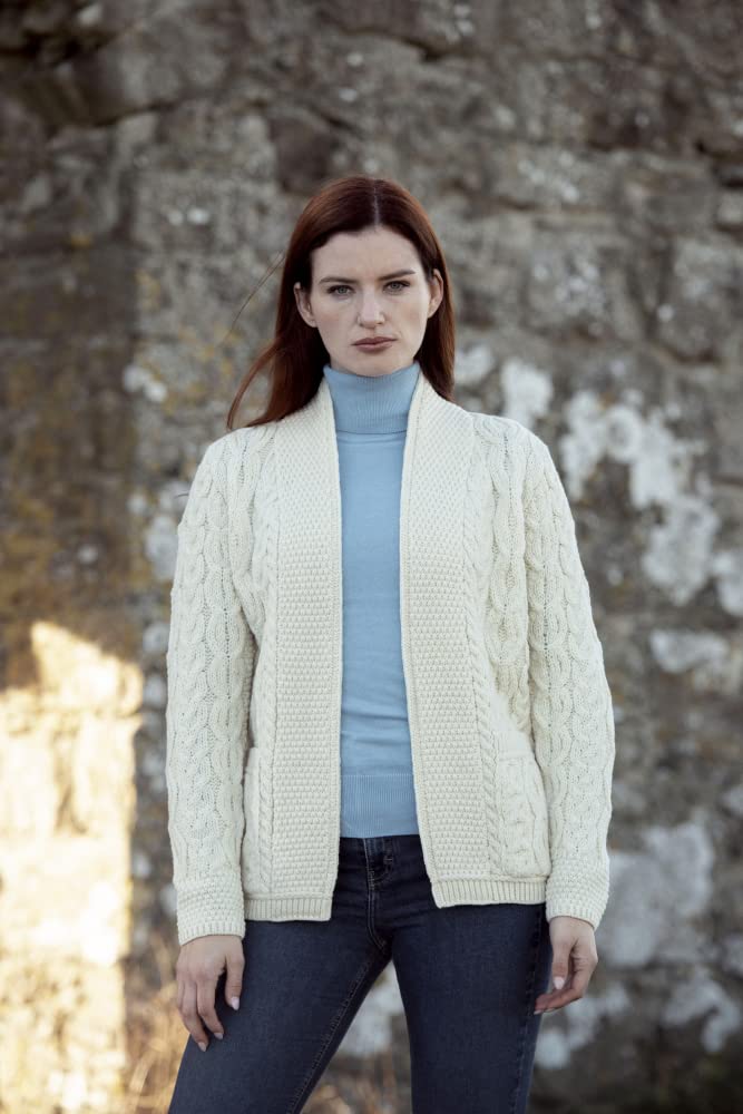 Aran Crafts Irish Knitted Edge to Edge Long Sleeve Cardigan for Women - 100% Pure New Wool Sweater (X5170) - Perfect for Winter, Fall & Cozy Home Wear