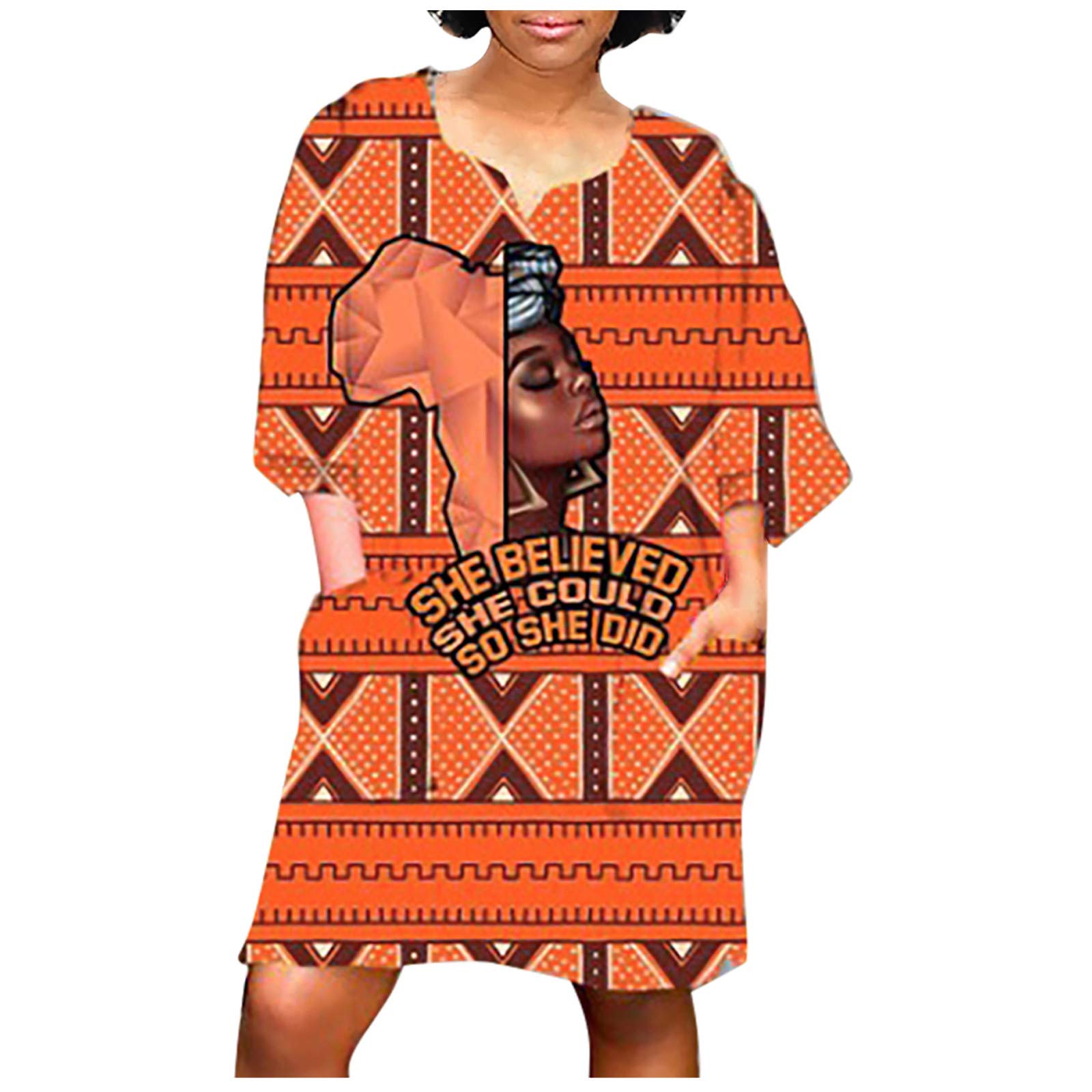 Vintage African Print Sundress for Women - Casual Mini Dress with Middle Sleeve, Plus Size Loose Fit | Perfect for Beach Vacation, Summer Outings & Boho Style Fashion