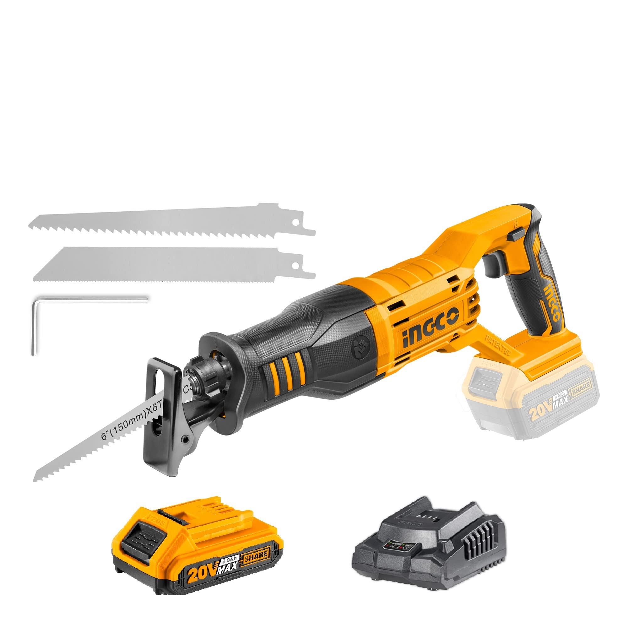 INGCO 20V Cordless Reciprocating Saw with Battery and Charger - Powerful Electric Cutting Tool for Wood, Metal & PVC - Ideal for DIY Projects, Construction & Home Renovation