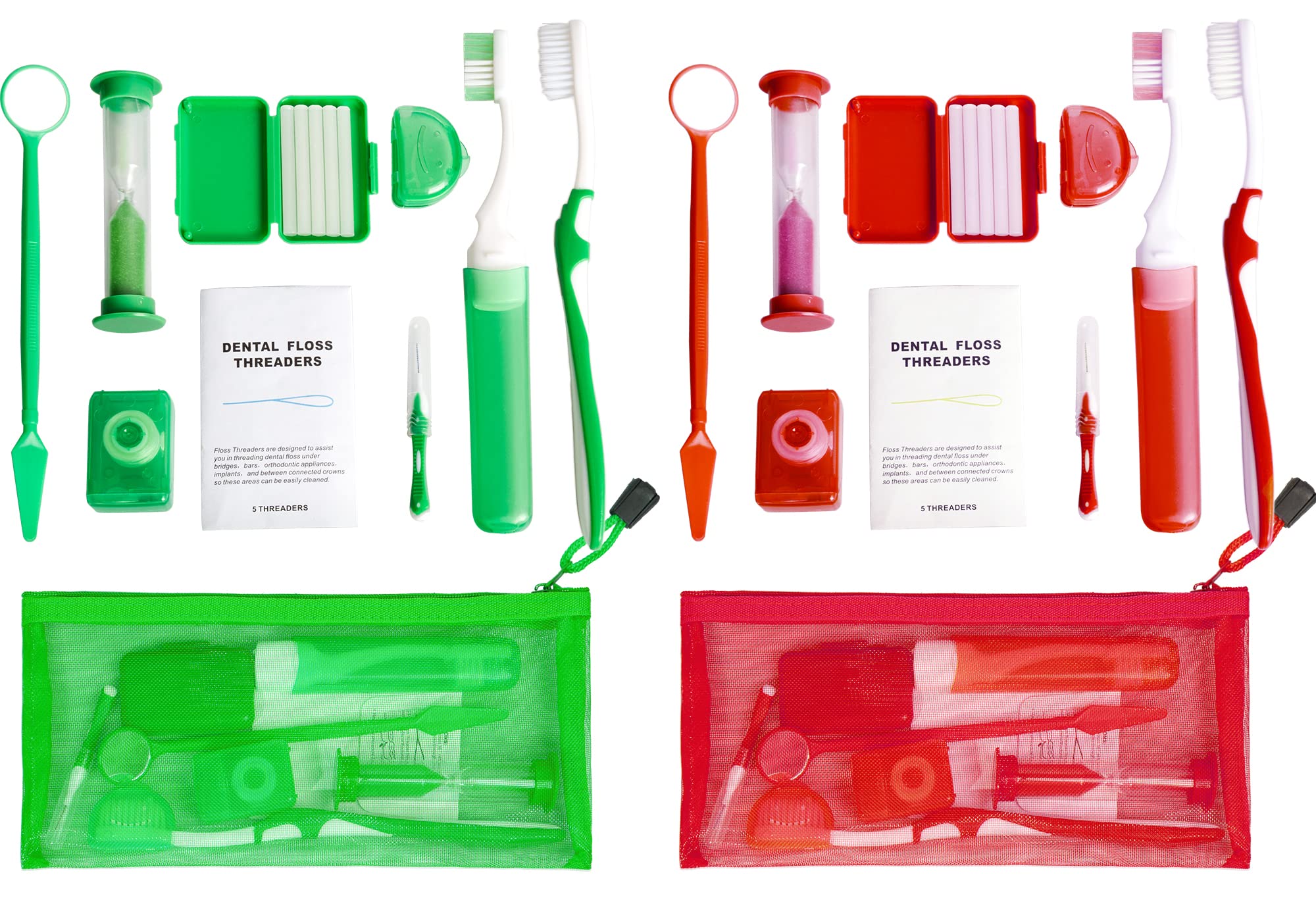 Portable Orthodontic Oral Care Kit for Braces - 2 Piece Dental Hygiene Set with Interdental Brushes, Dental Wax & Floss - Teeth Cleaning Kit for Braces Wearers (Green & Red) - Perfect for Travel, School & Daily Oral Care