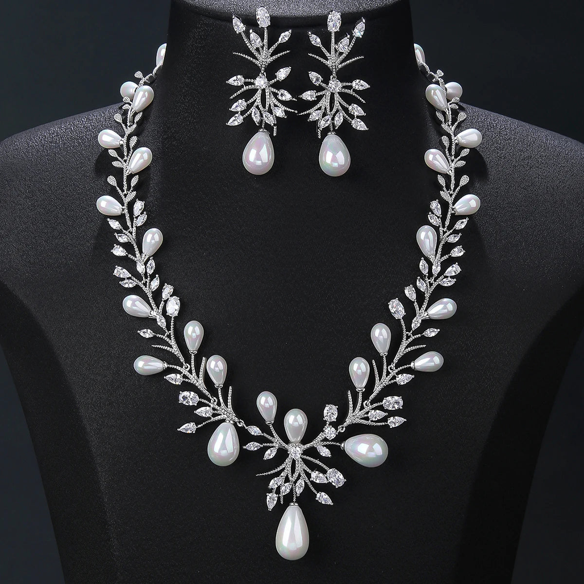 Luxury White Cubic Zirconia Pearl Necklace & Earrings Set for Women - Elegant Wedding, Bridal Party Jewelry Gift - Perfect for Anniversary, Prom & Formal Occasions