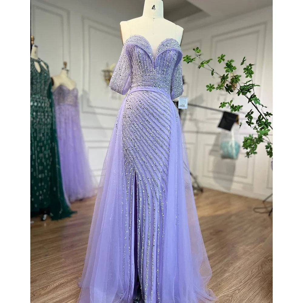 Elegant Nude Mermaid Evening Dress with Overskirt & Beaded Off-Shoulder Design for Women's Party, Prom & Special Occasions - LA71728