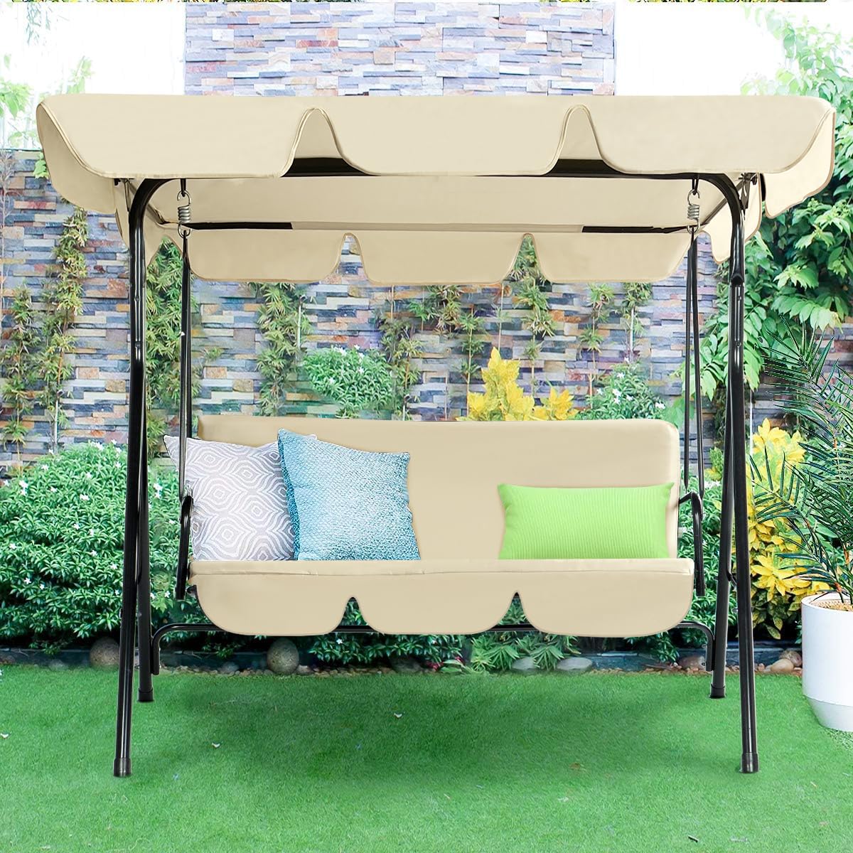 AECOJOY 3-Seat Outdoor Patio Swing Chair with Adjustable Canopy & Removable Cushion - Heavy Duty Porch Swing Bench for Adults - Perfect for Backyard, Garden, Poolside, Balcony or Deck Relaxation (Beige) | Ideal for Lounging, Reading & Enjoying Outdoor Breezes