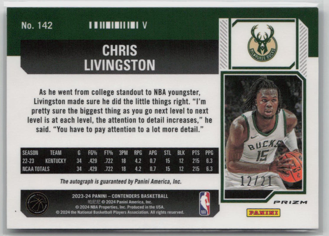 2023 Panini Contenders Chris Livingston Rookie Auto #142 /21 Blue Shimmer FOTL - Basketball Trading Card for Collectors & Sports Fans - Perfect for Memorabilia Displays, Investment & Gifting