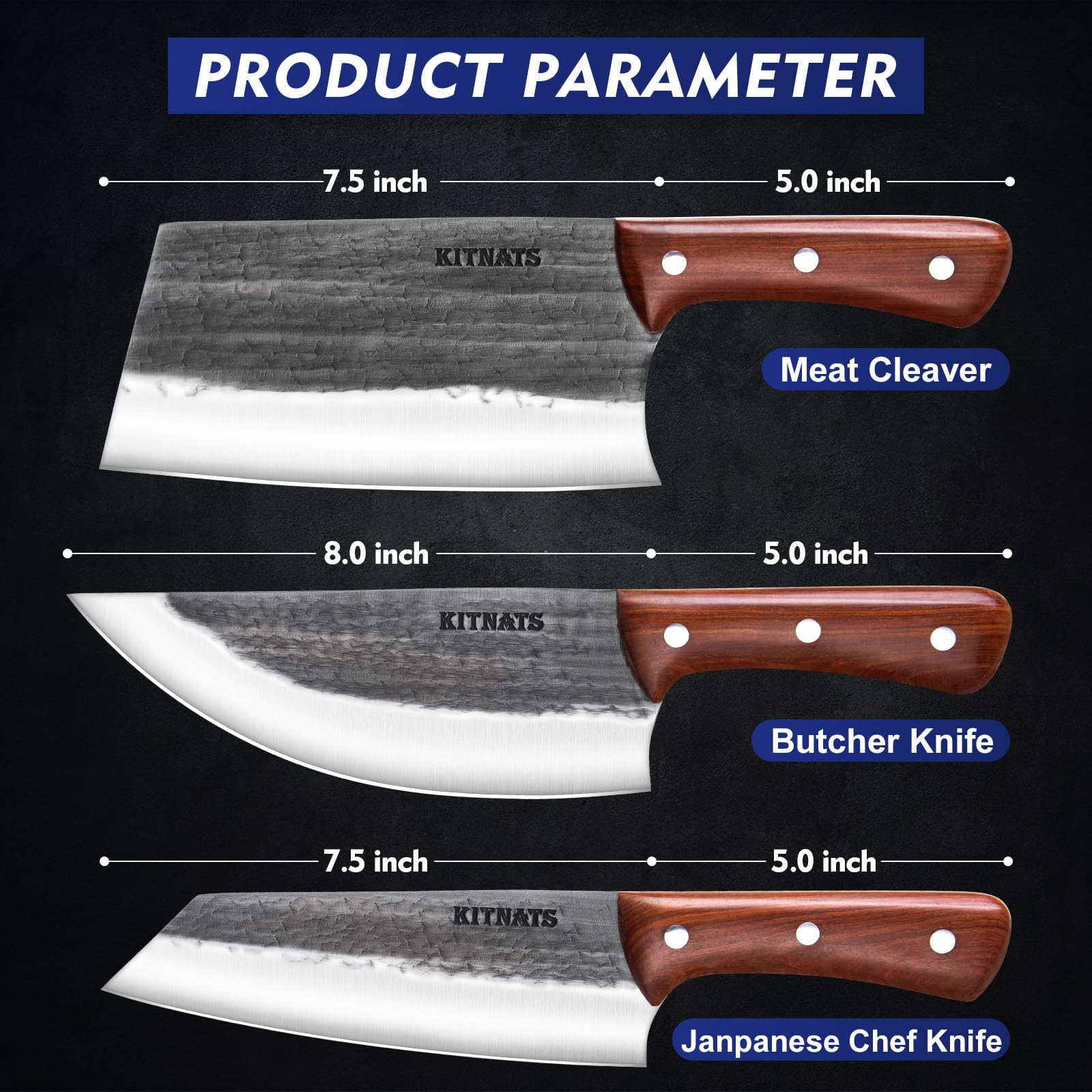 3PCS Premium Hand Forged Butcher Knife Set - Meat Cleaver & Kiritsuke Knife for Professional Meat Cutting | Perfect for Home Kitchen, Outdoor Cooking, Camping BBQ & Gift for Men