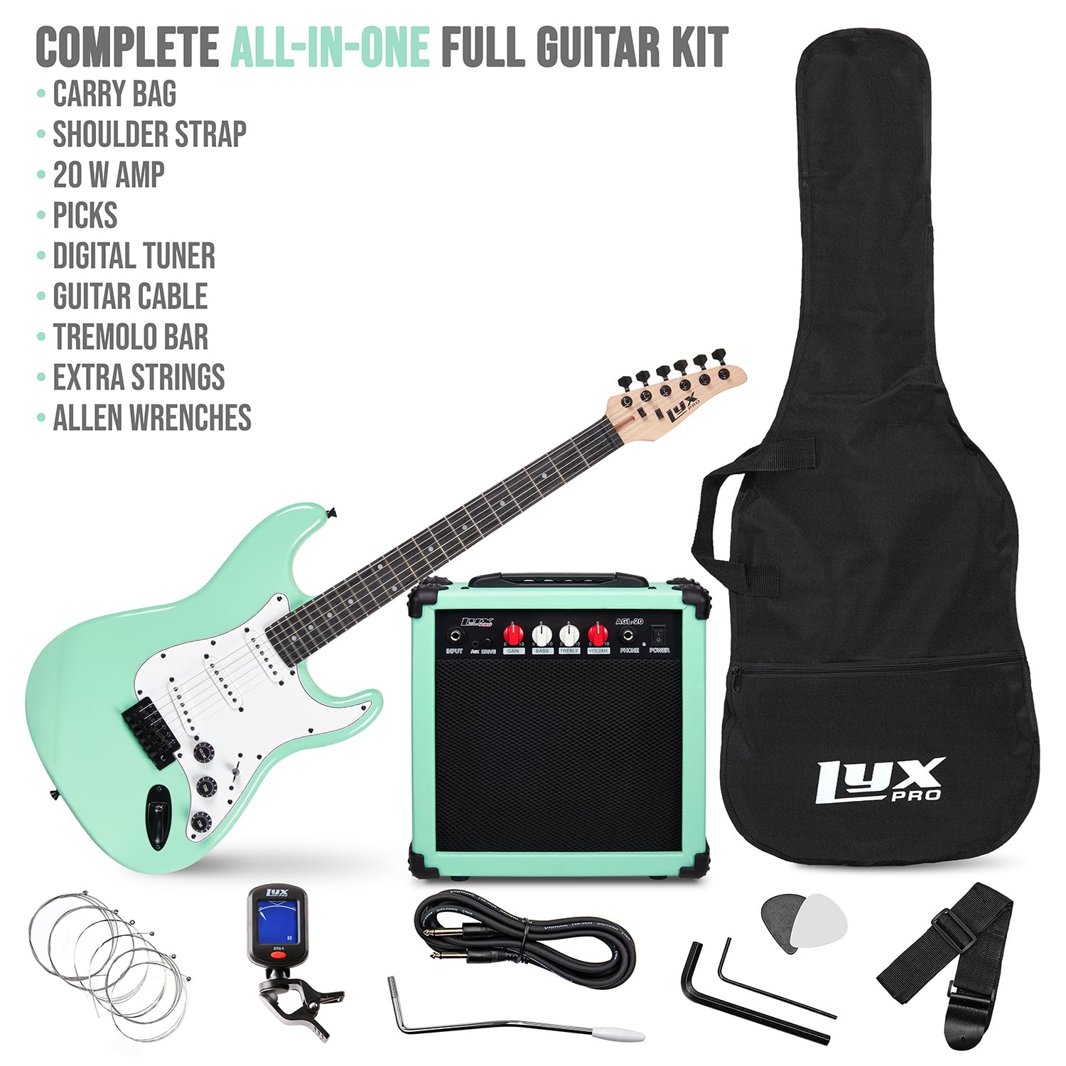 LyxPro 36 Inch 3/4 Size Electric Guitar Kit for Kids & Beginners - Includes Amp, 6 Strings, 2 Picks, Shoulder Strap, Digital Tuner, Cable & Gig Bag (Green) - Perfect for Learning, Practice & Home Performances