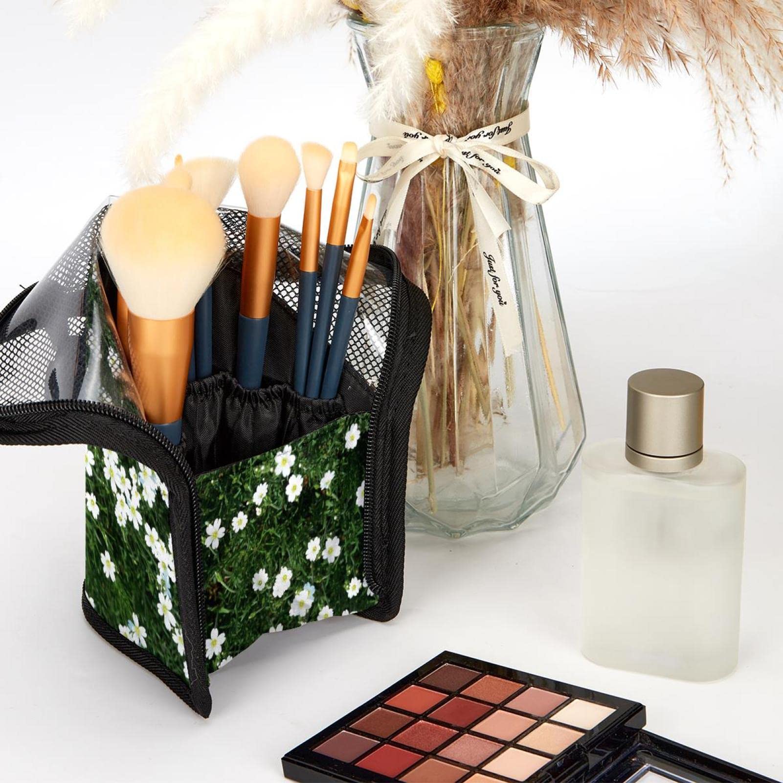 12-Piece Makeup Brush Organizer Bag with White Flower Design - Portable Travel Cosmetic Brush Holder Case for Professional & Home Use