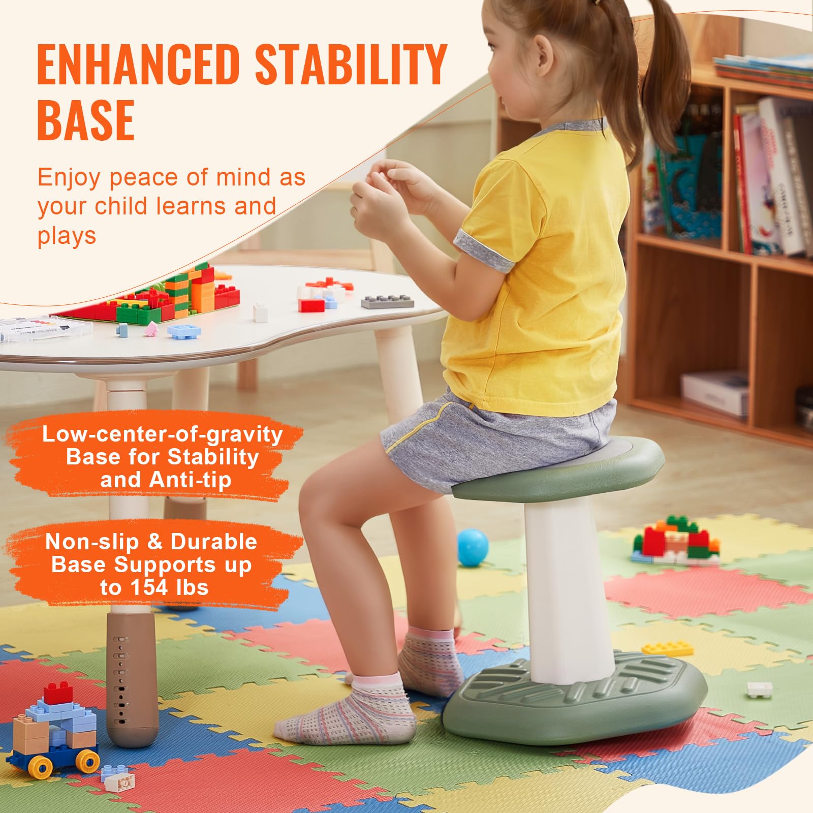 VEVOR Kids Wobble Chair with Sponge Cushion - Adjustable Active Stool for Improved Focus & Posture, Calming Sensory Seat for Ages 3-7, Green - Perfect for Classrooms, Homeschooling & ADHD Therapy